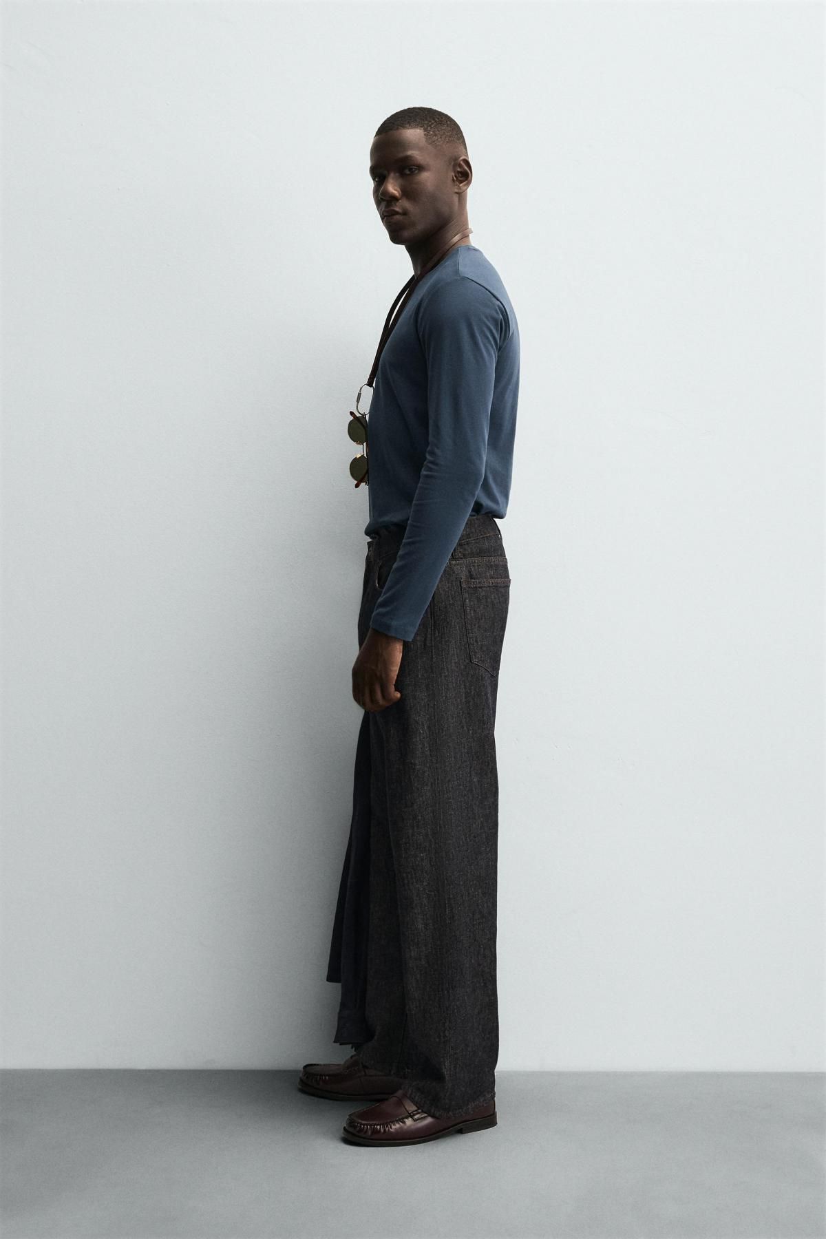 자라 슬림핏 코튼 테크니컬 라운드 긴팔 티셔츠 6019/390 DUCK BLUE - 상세 이미지 5