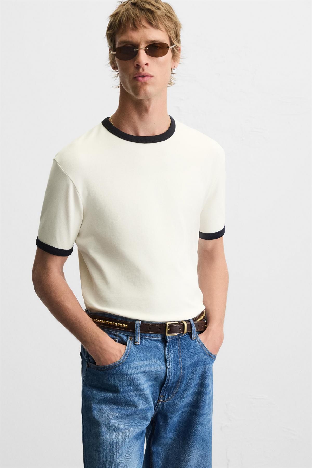 자라 배색 라운드넥 립 반팔 티셔츠 0761/412 OYSTER-WHITE - 상세 이미지 2