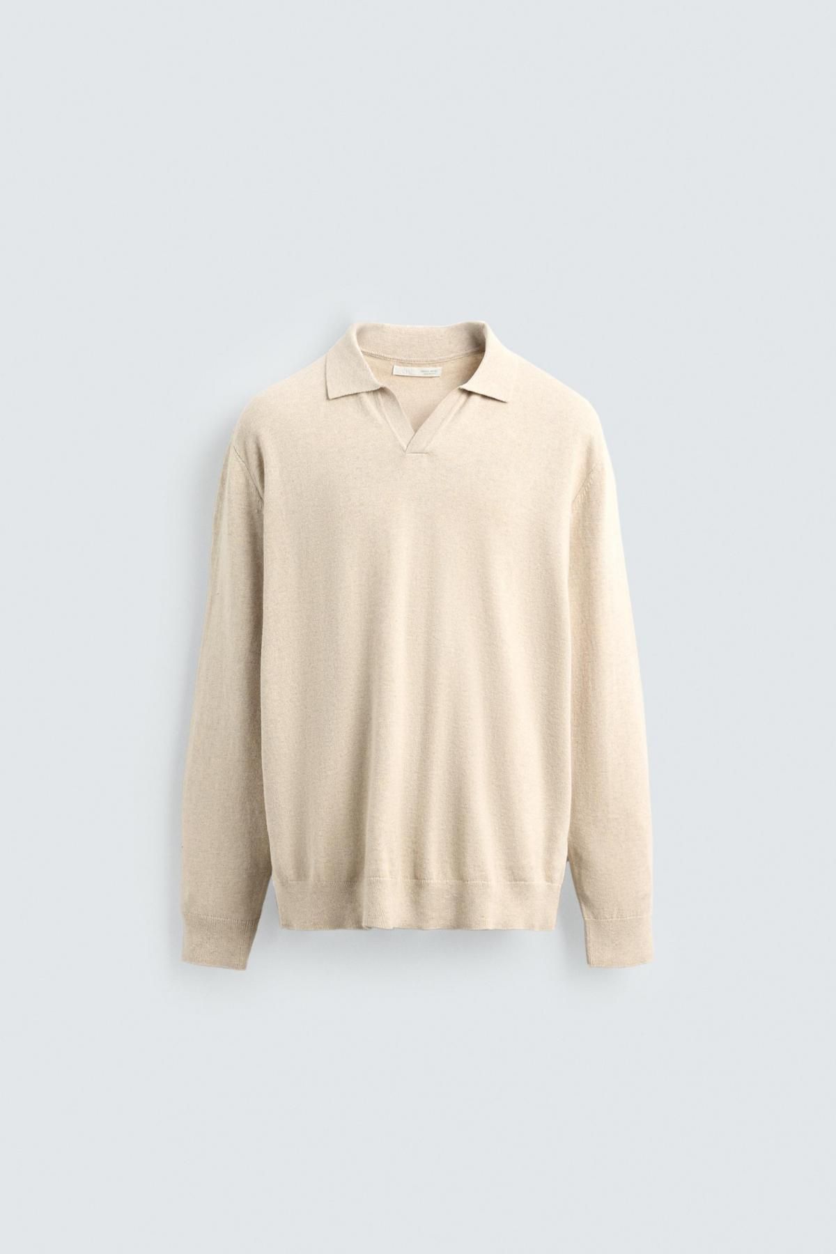 자라 아이보리 텍스처 코튼블렌드 니트 긴팔 폴로셔츠 3920/573 BEIGE - 메인 이미지