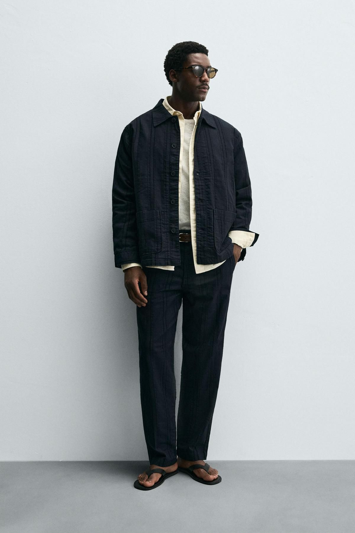 자라 스트라이프 자카드 와이드 코튼 팬츠 7147/350 NAVY BLUE - 상세 이미지 2