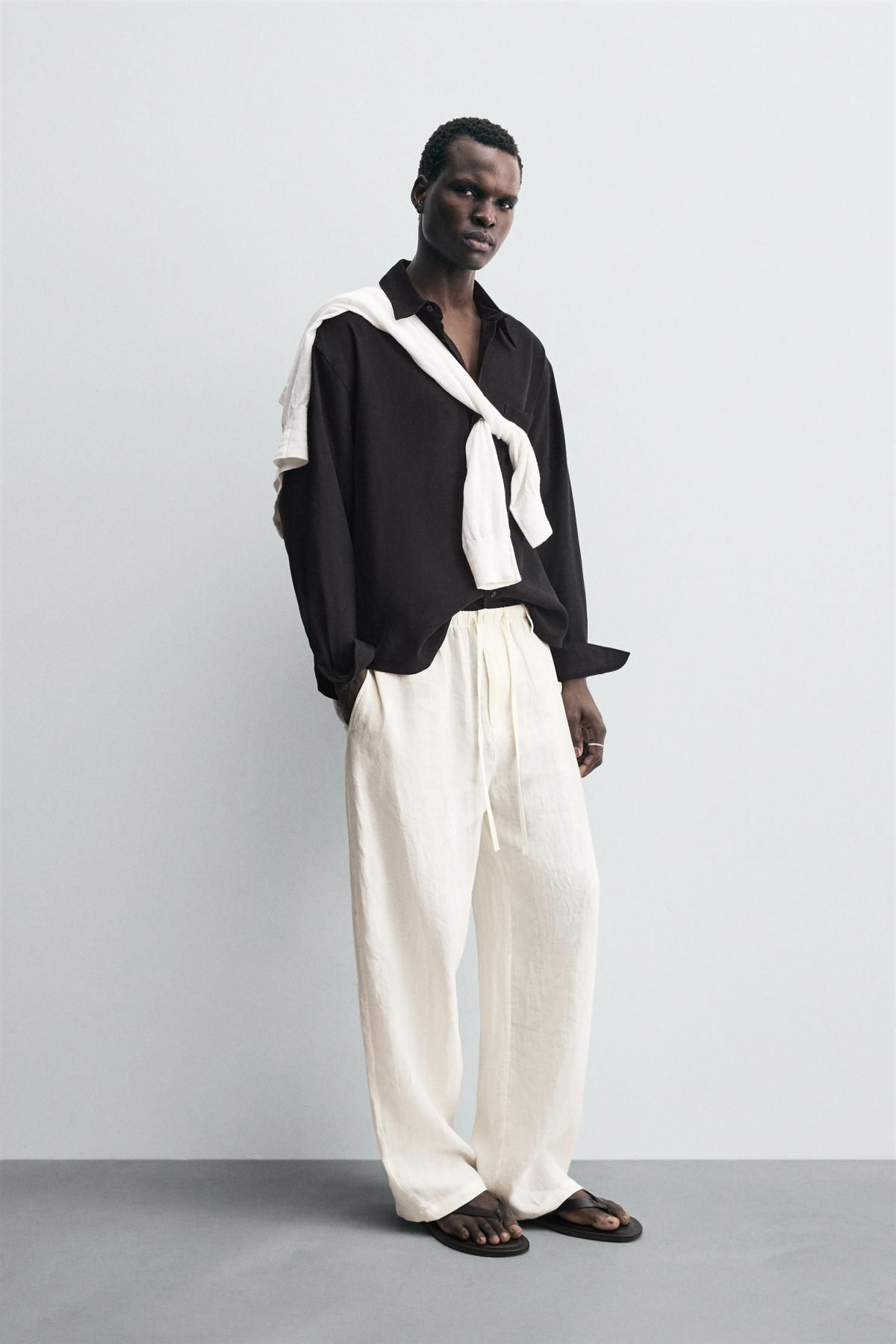 자라 리넨 릴랙스핏 와이드 팬츠 1195/332 ECRU - 상세 이미지 5