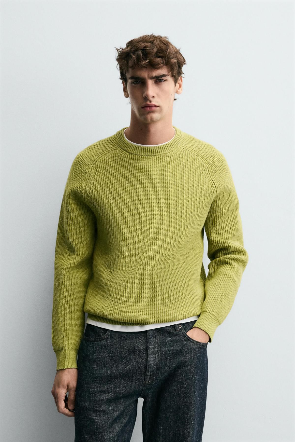 자라 리브드 텍스처 라운드 니트 스웨터 3920/195 LIGHT GREEN - 상세 이미지 3