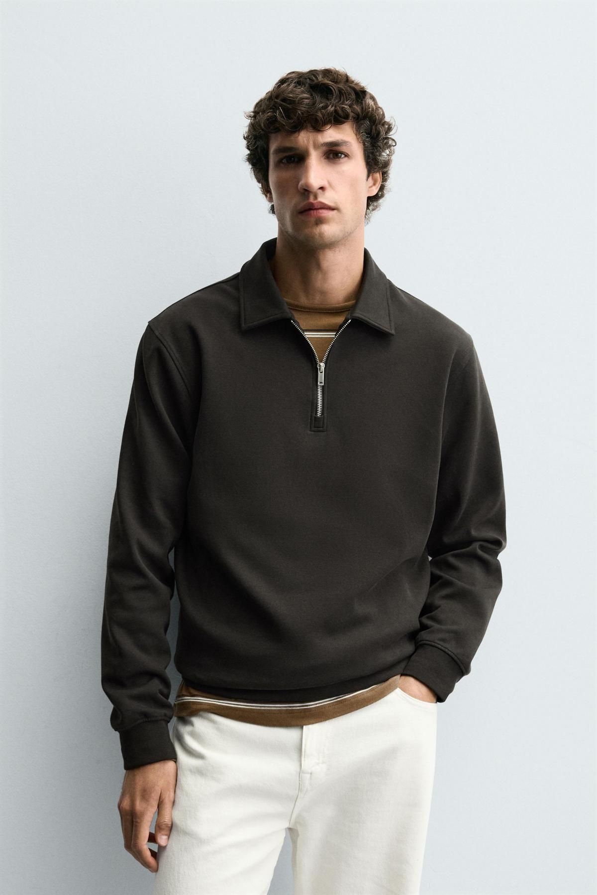 자라 테크니컬 스트레치 인터록 집업 긴팔 폴로셔츠 4092/380 BROWN / TAUPE - 상세 이미지 3