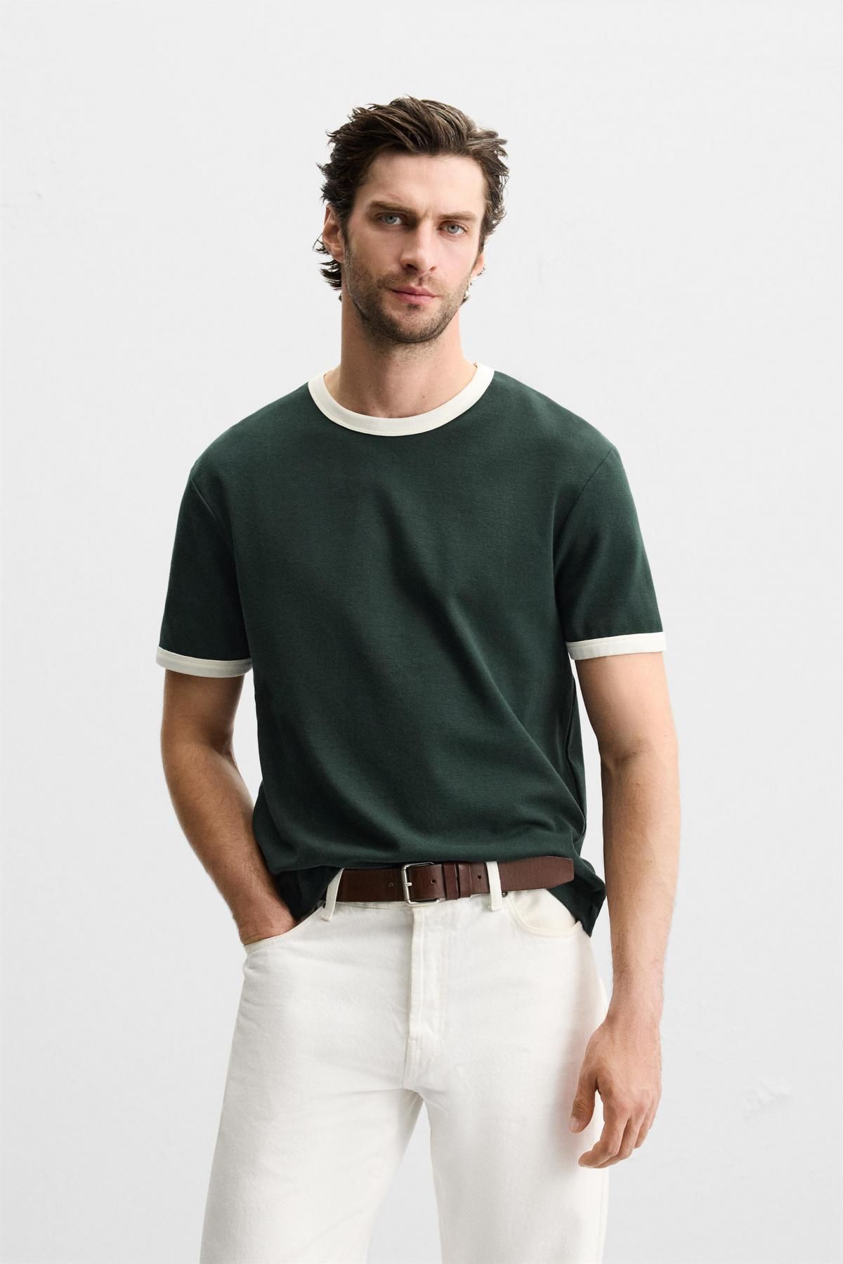 자라 베이직 배색 골지 티셔츠 0761/412 DARK GREEN - 상세 이미지 3