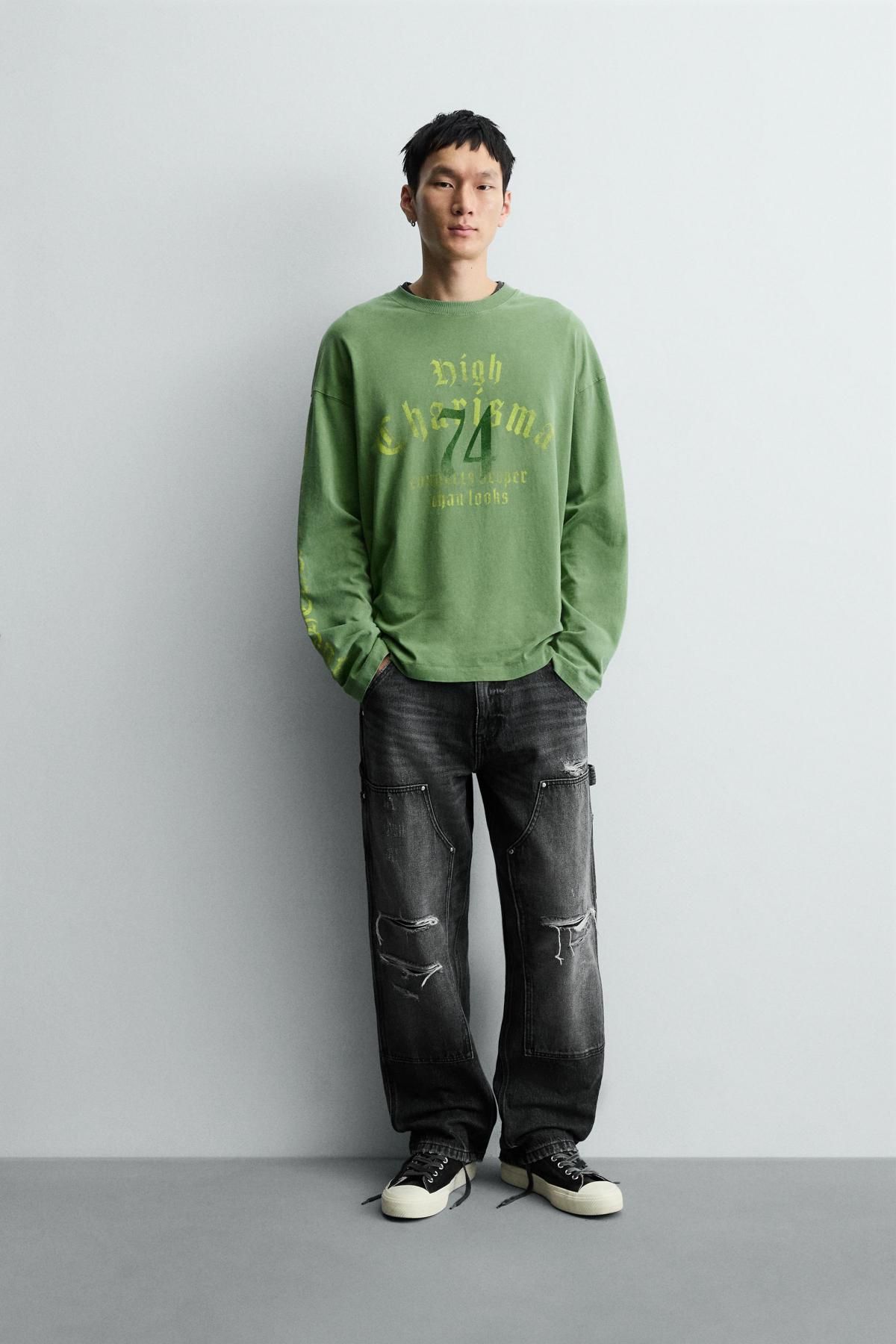 자라 워시드 스트리트 레터링 긴팔 티셔츠 6224/534 LIGHT GREEN - 상세 이미지 2