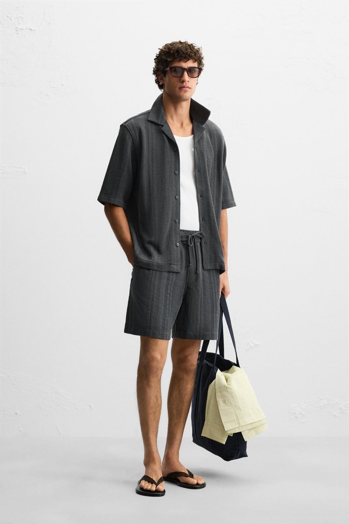 자라 자카드 텍스처 와이드 밴딩 버뮤다 반바지 4840/141 ANTHRACITE GREY - 상세 이미지 2