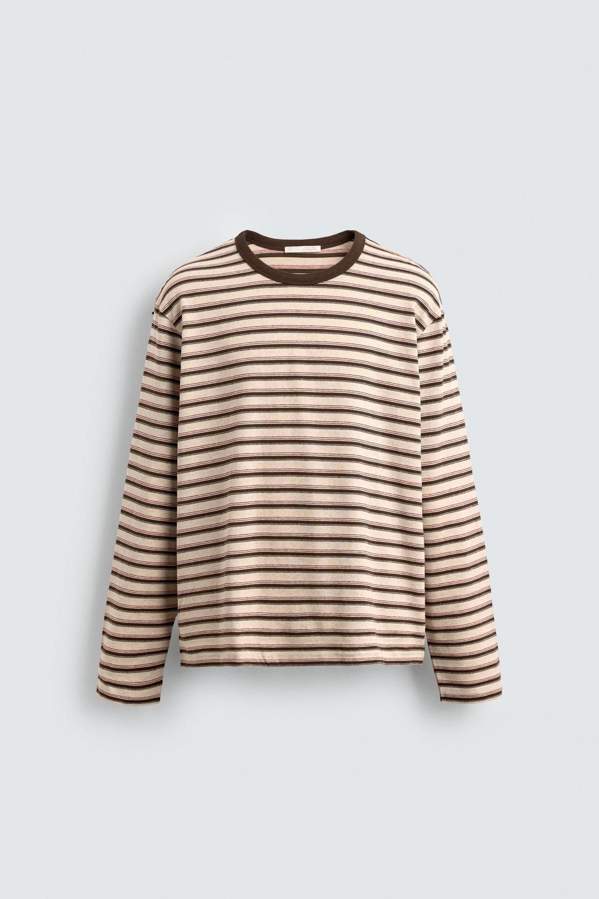 자라 스트라이프 레귤러핏 긴팔 티셔츠 0526/312 BEIGE-BROWN - 메인 이미지