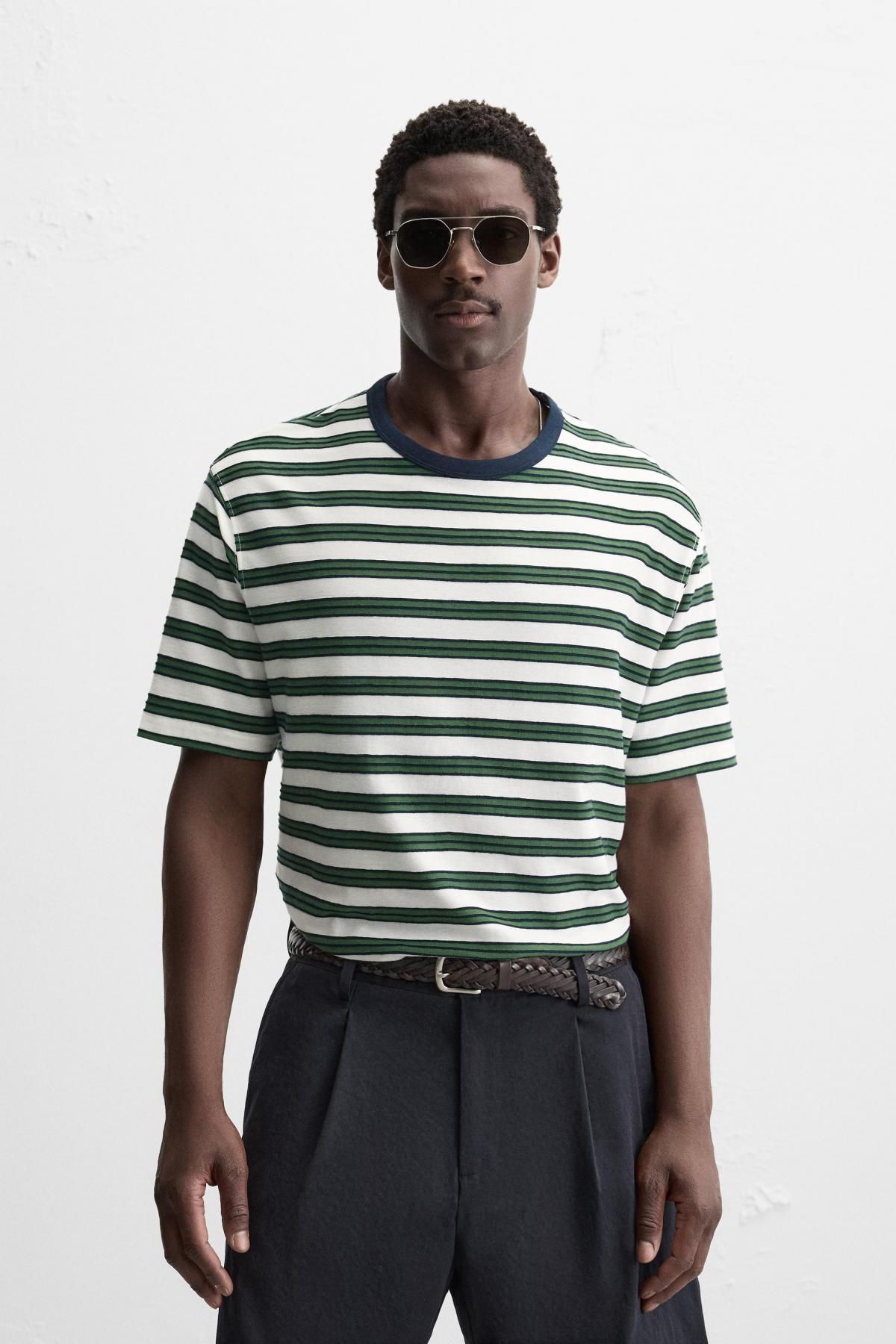 자라 스트라이프 오버핏 라운드 반팔 티셔츠 9240/416 GREEN / ECRU - 상세 이미지 3