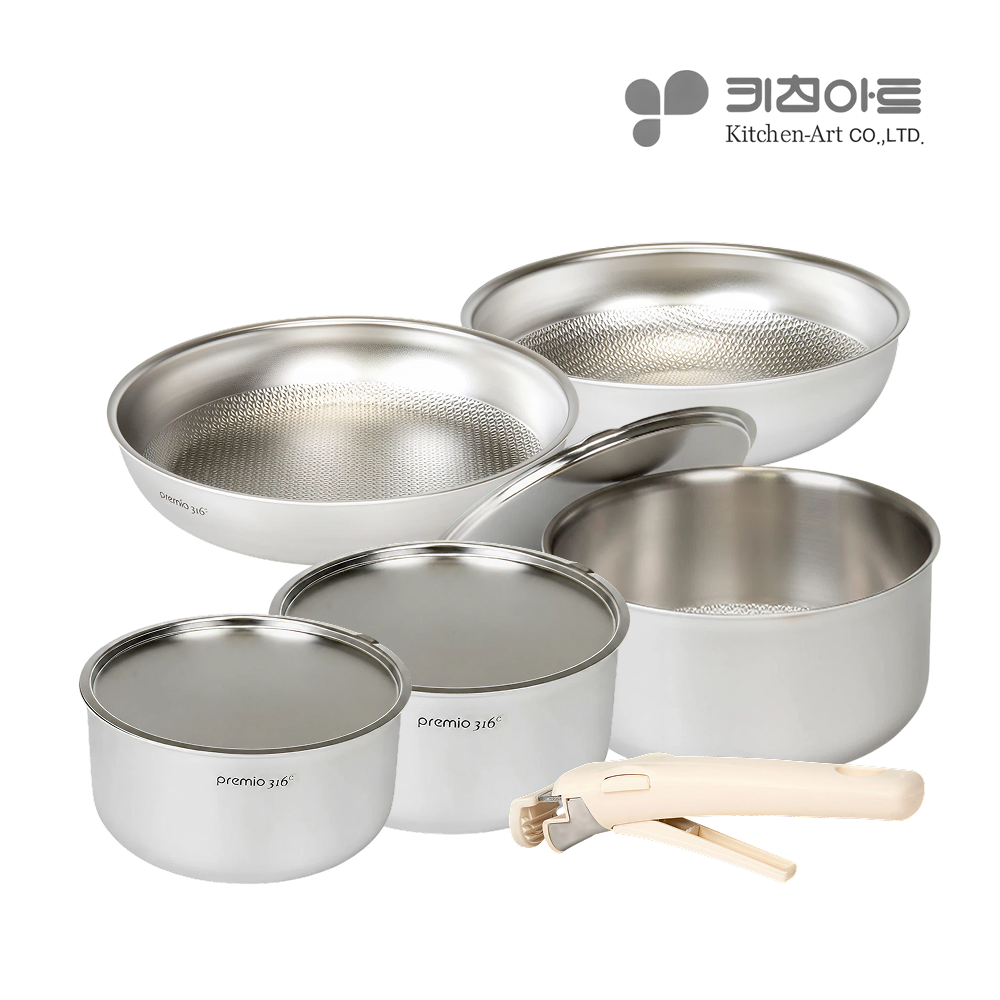 연마제 사용안한 냄비 프라이팬 세트 키친아트 스테인리스 316 탈부착 무연마제 통5중 5종, 냄비16+18+24+프22+궁중22, 1세트 - 메인 이미지