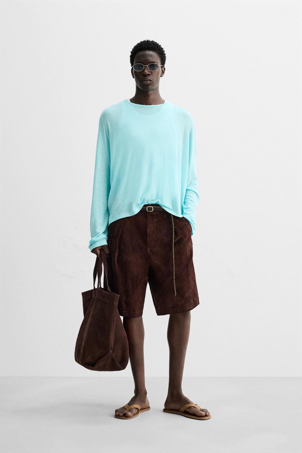 자라 라이트블루 릴렉스핏 비스코스 리넨 긴팔 티셔츠 5584/300 TURQUOISE - 상세 이미지 2