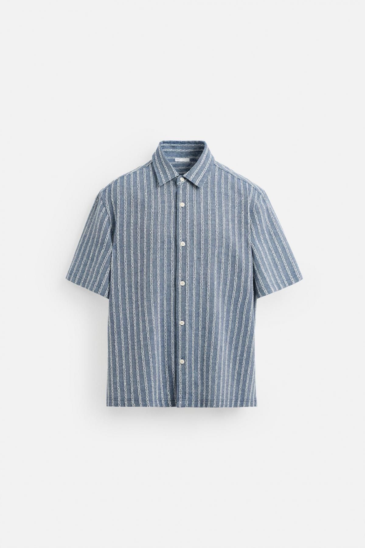 자라 스트라이프 레귤러핏 코튼 블렌드 반팔 셔츠 5545/501 LIGHT BLUE - 메인 이미지