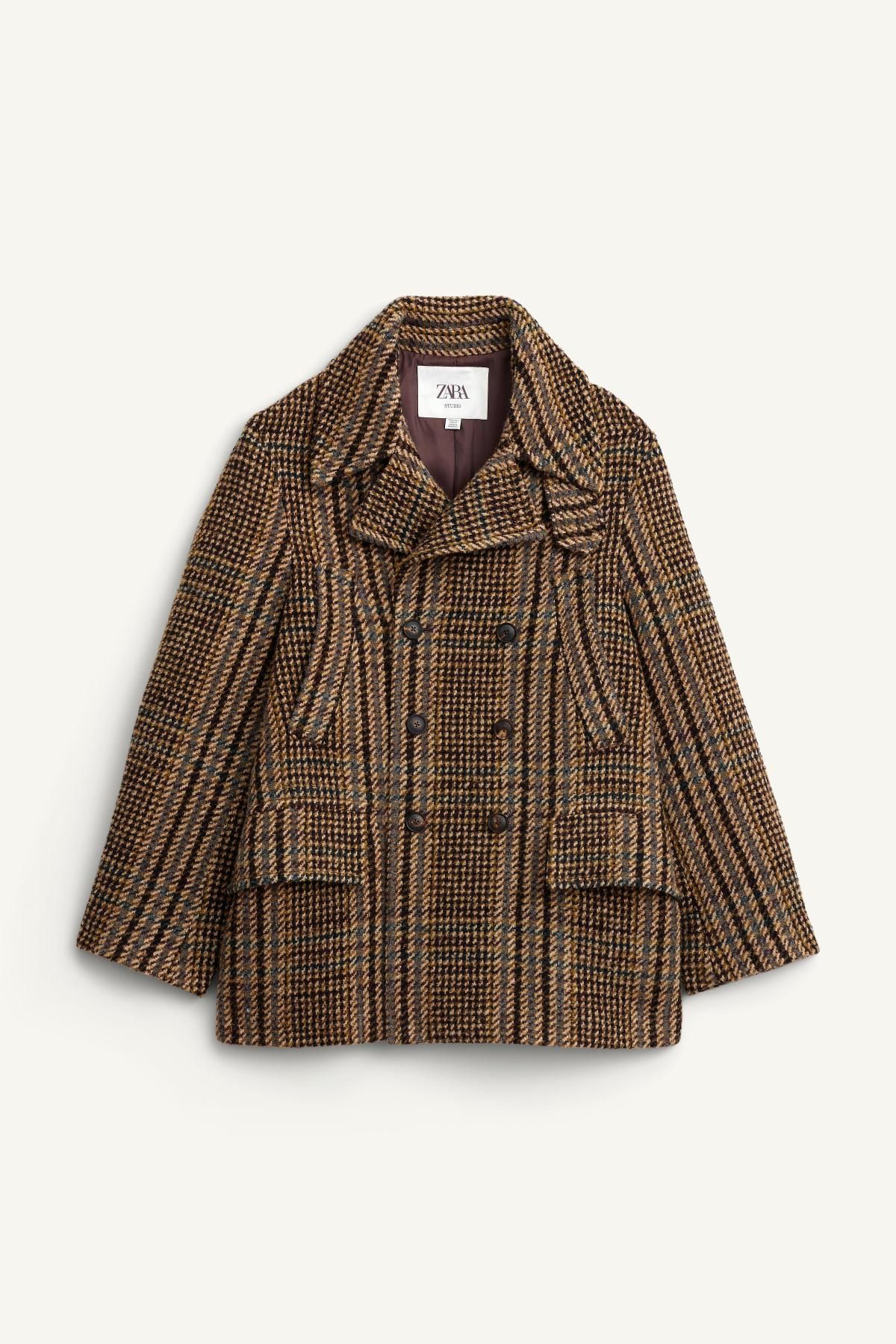 자라 한정판 체크 울 혼방 스카프 크롭 더블 코트 5805/066 BROWN 이미지 8