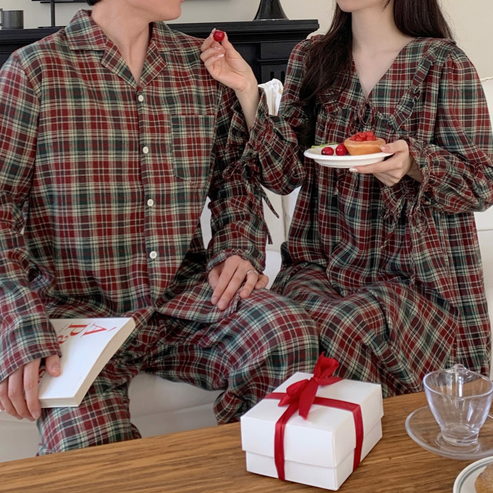 피치기모잠옷 신혼부부커플잠옷 파자마파티 크리스마스 가을 겨울 긴팔 원피스 홈웨어 - 상세 이미지 3