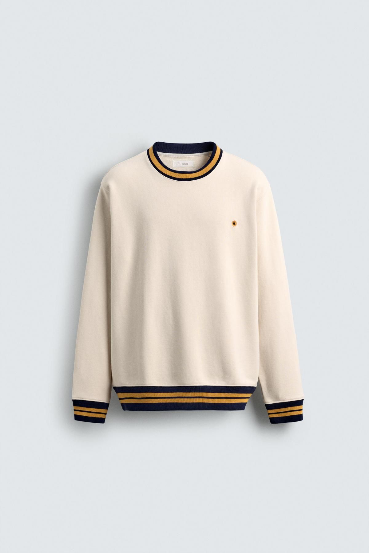 자라 배색자수 테크니컬 코튼 라운드 맨투맨 3443/301 OYSTER-WHITE - 메인 이미지