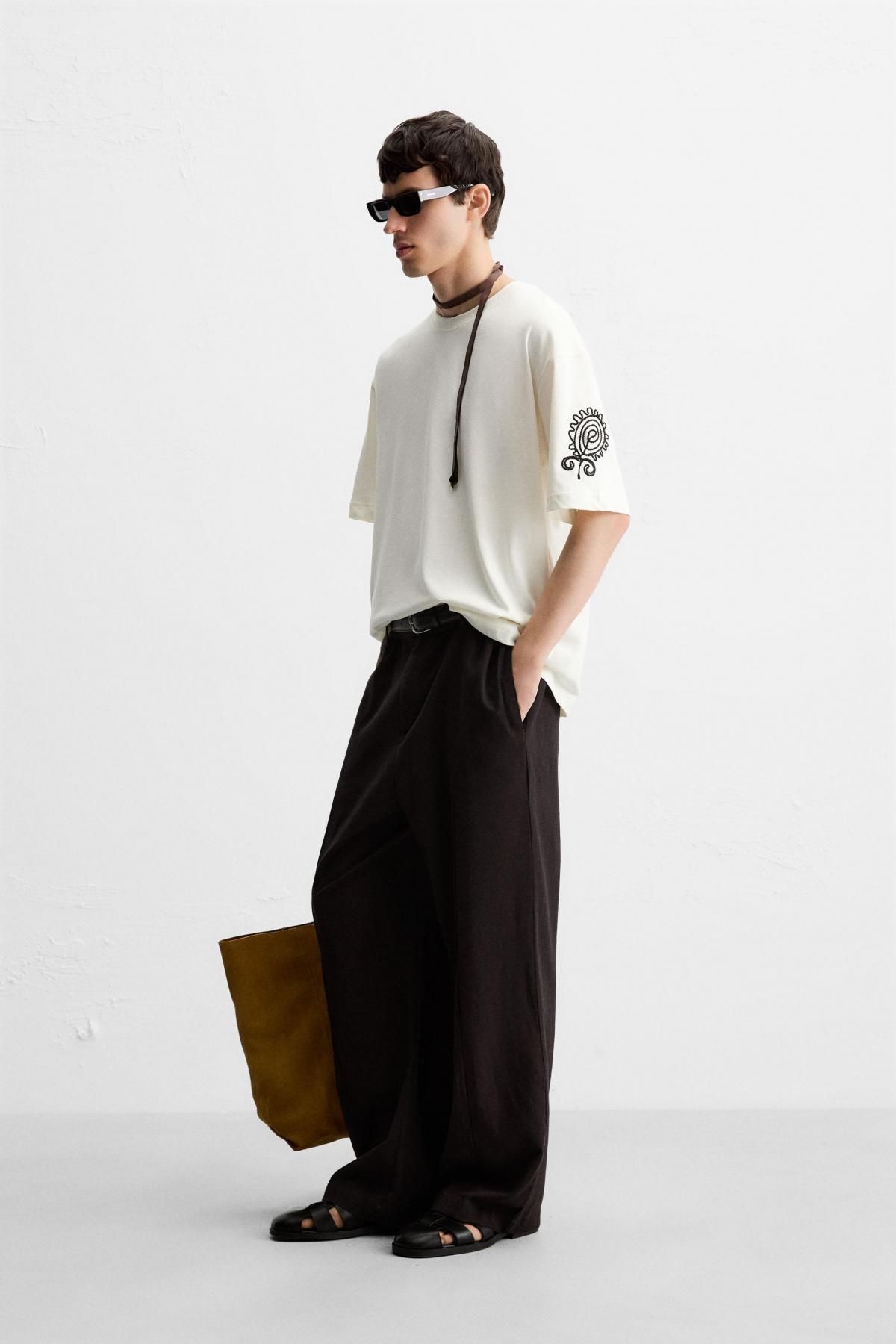 자라 코튼 배색 자수 반팔 티셔츠 5584/306 OYSTER-WHITE - 상세 이미지 5