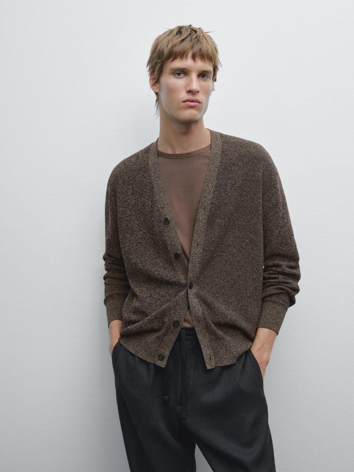 마시모두띠 코튼 브이넥 물리네 니트 카디건 0951/201 BROWN MARL - 상품 이미지