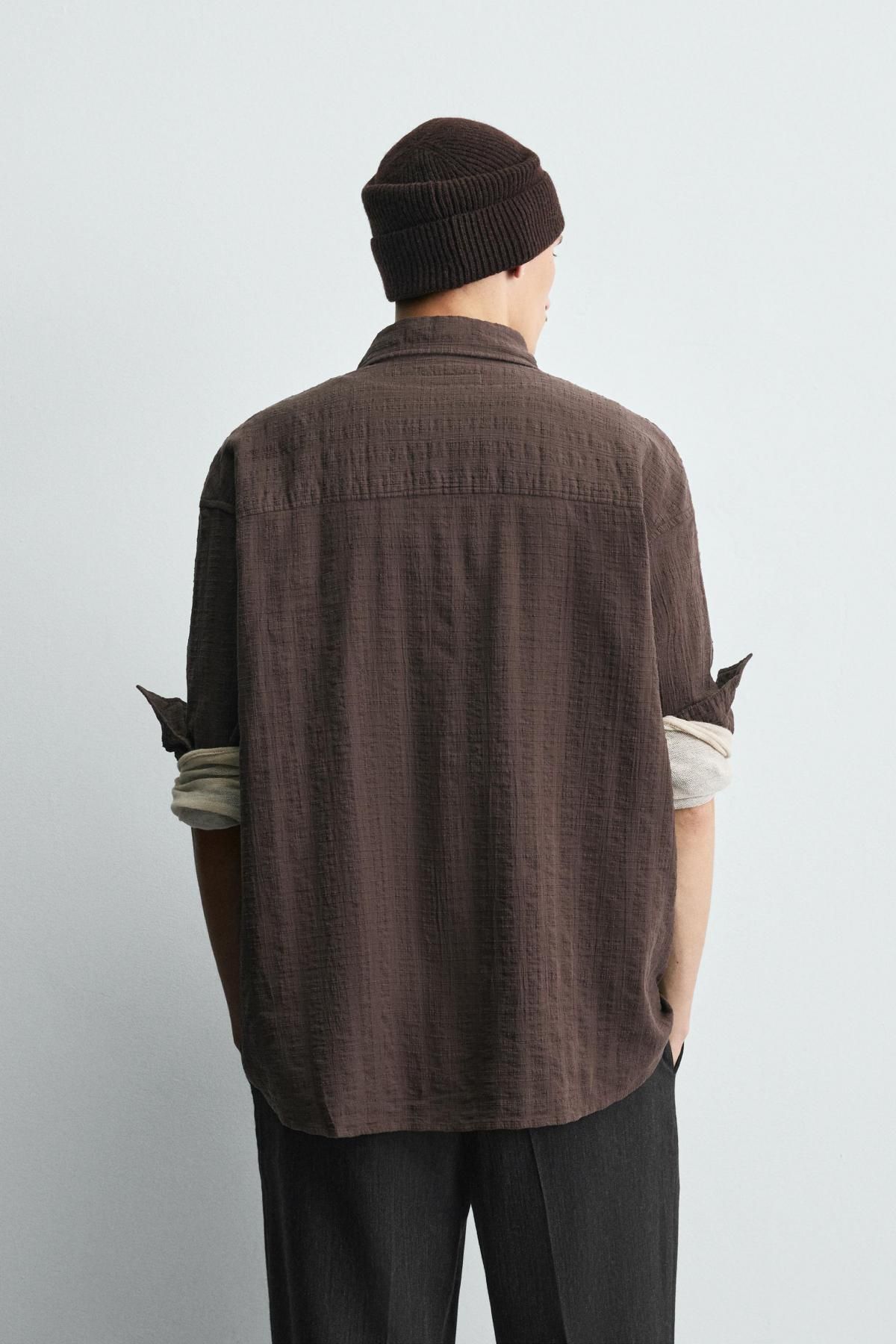 자라 텍스처 체크 릴렉스핏 코튼 긴팔 셔츠 6103/335 BROWN - 상세 이미지 4
