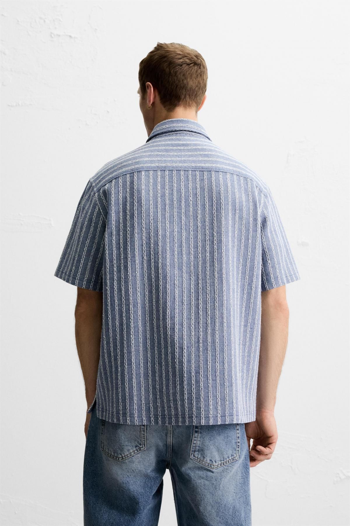 자라 스트라이프 레귤러핏 코튼 블렌드 반팔 셔츠 5545/501 LIGHT BLUE - 상세 이미지 4