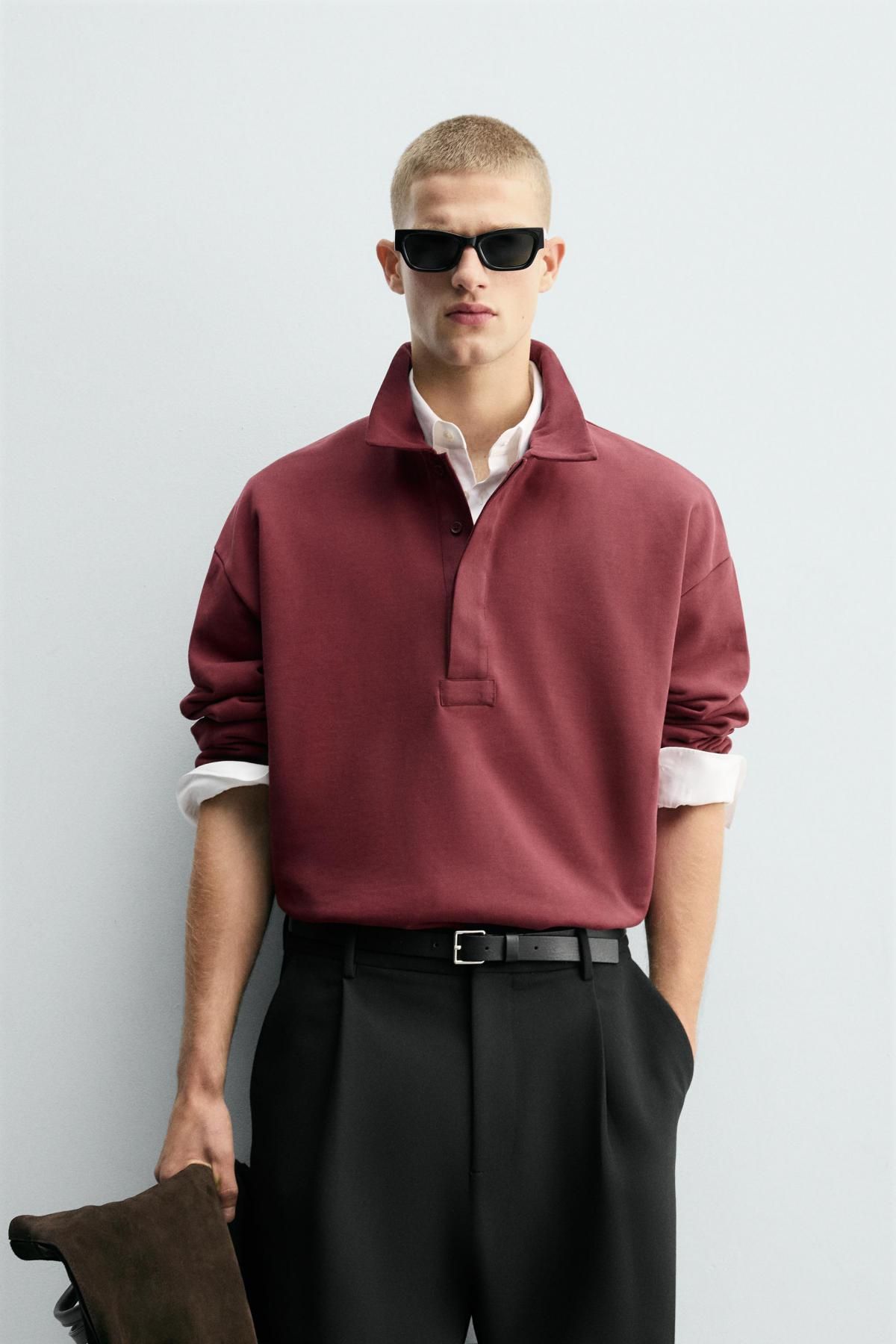 자라 모던 박시핏 긴팔 폴로셔츠 버건디 코튼 4087/372 BURGUNDY - 상세 이미지 3