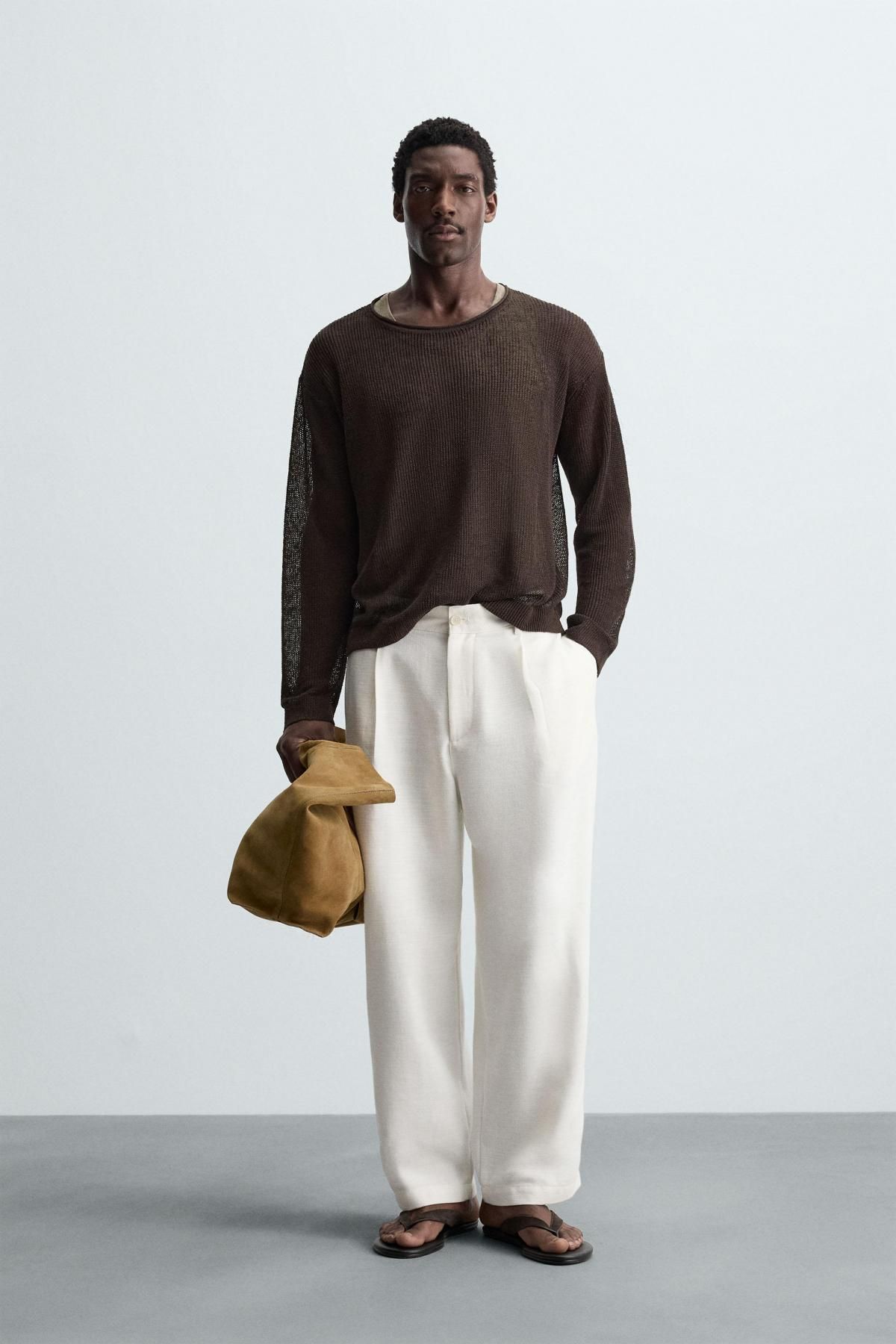 자라 리넨 블렌드 텍스처드 라운드 니트 스웨터 9598/302 BROWN - 상세 이미지 2