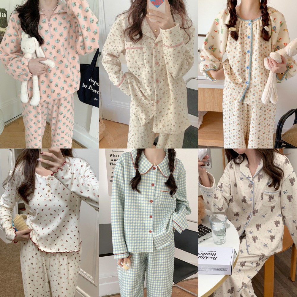 홈웨어 수면 여성 겨울잠옷 원피스 누빔 극세사 면 파자마 세트