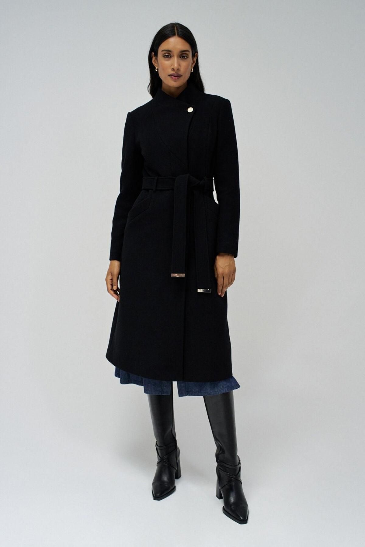 살사진스 벨티드 롱 울 코트 슬림핏 블랙 6031226 NEGRO - 메인 이미지