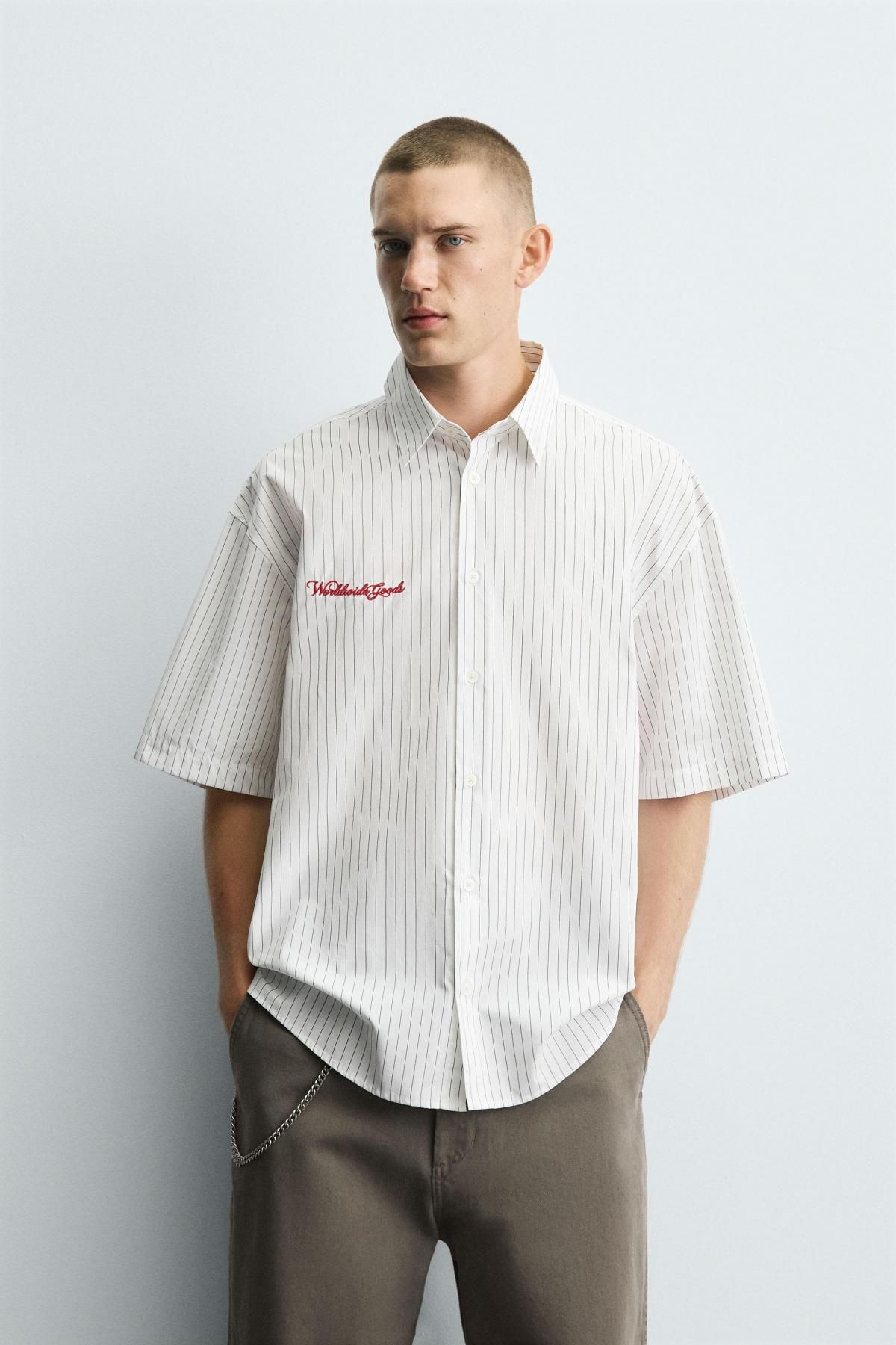 자라 스트라이프 코튼 레귤러핏 자수 반팔 셔츠 6085/305 STRIPED - 상세 이미지 3