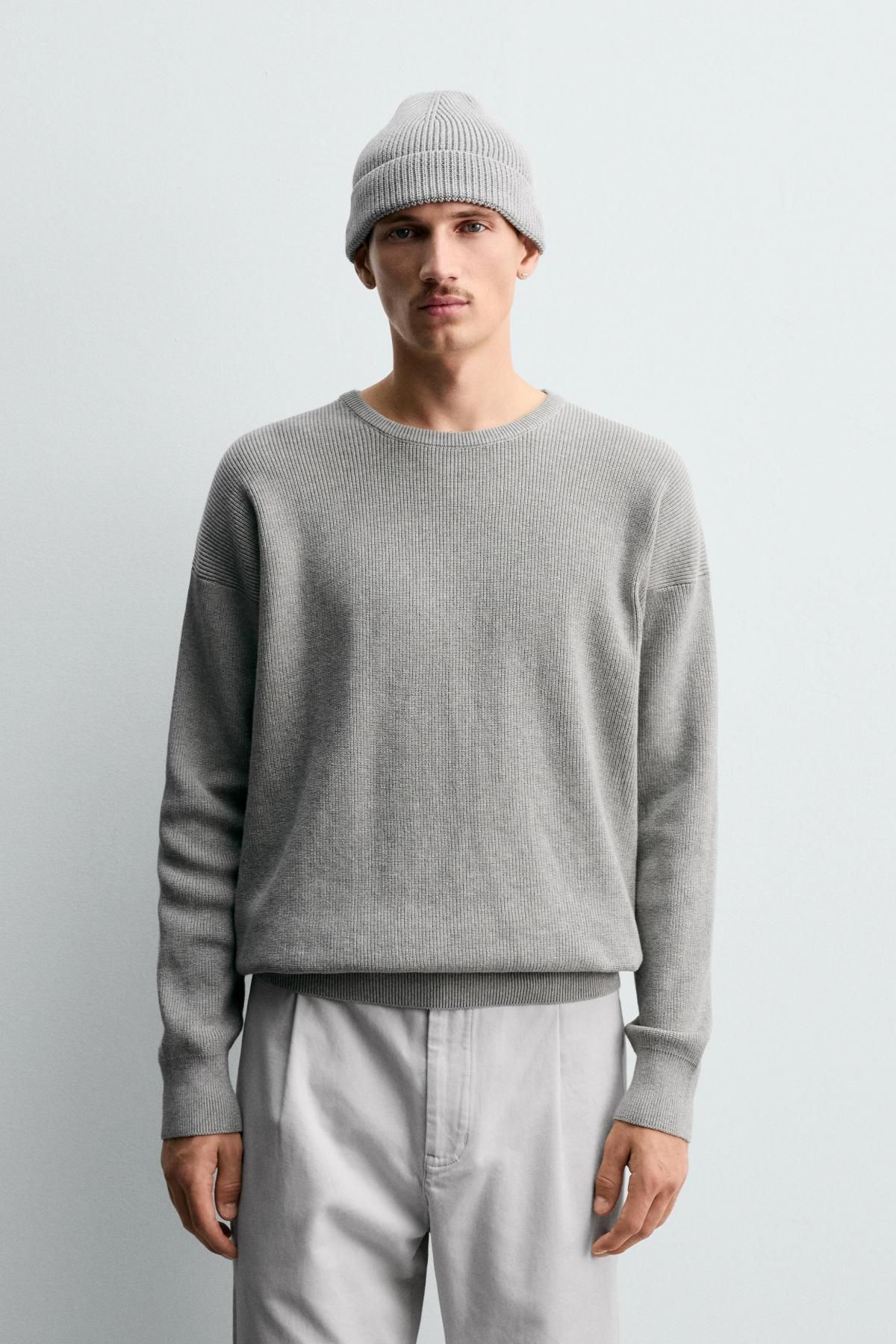 자라 텍스처 컴팩트 울 블렌드 라운드 니트 스웨터 2632/303 GREY MARL - 상세 이미지 3