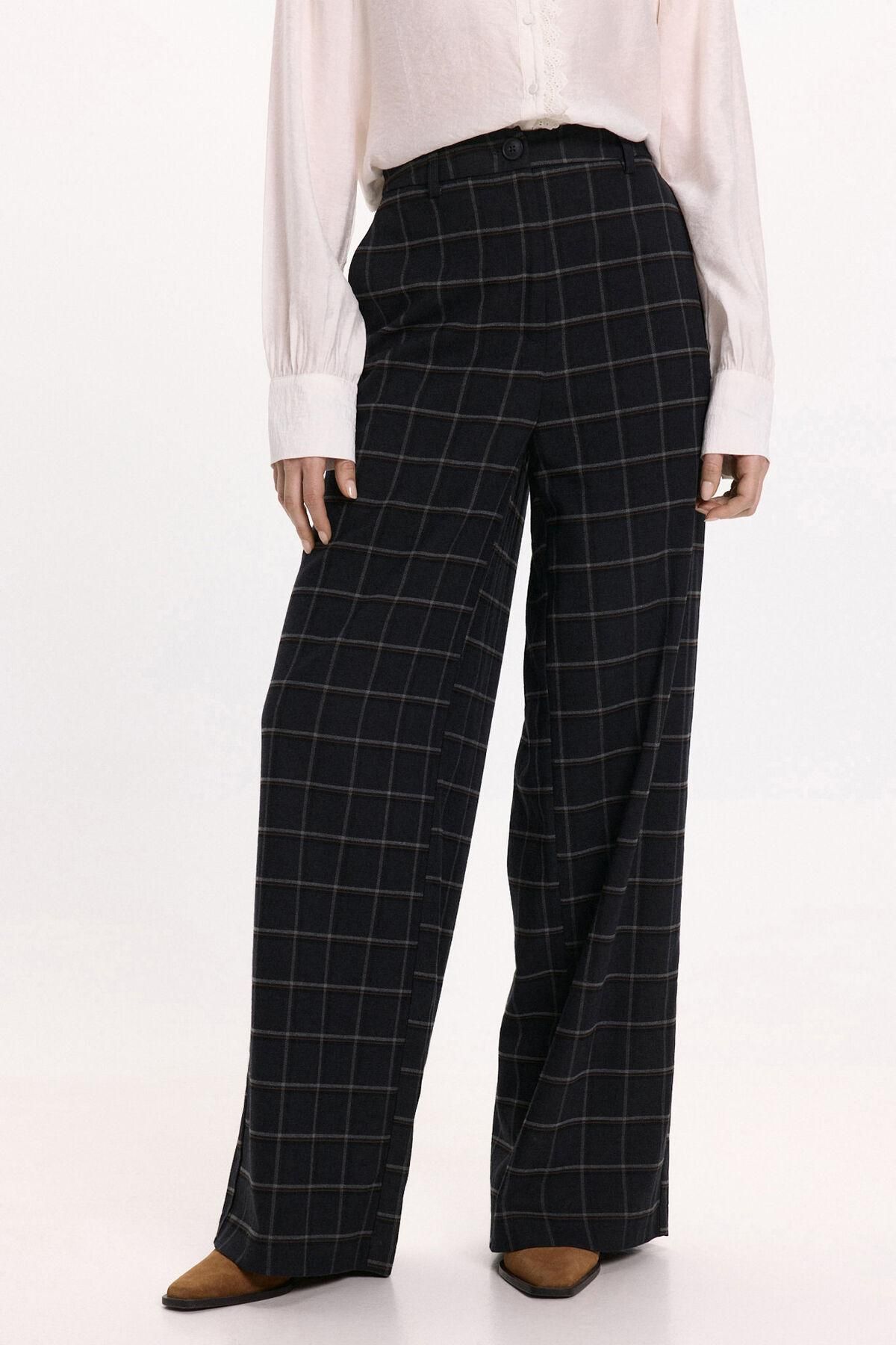 빌라 와이드 체크 하이웨이스트 슬랙스 팬츠 3722169 NEGRO - 상품 이미지