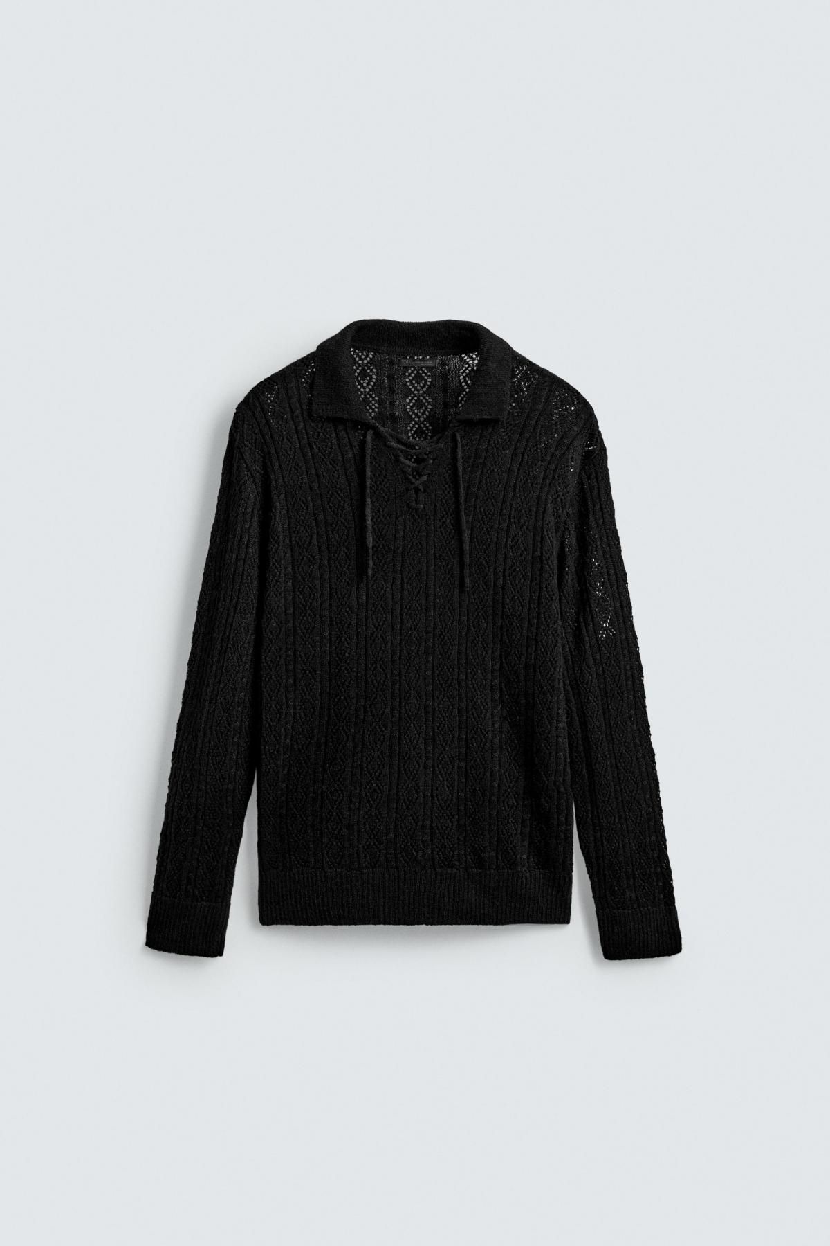 자라 블랙 텍스처 니트 코드 긴팔 폴로셔츠 7140/315 BLACK - 상품 이미지
