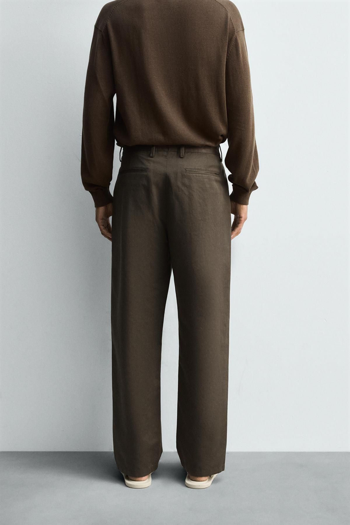 자라 릴렉스핏 코튼린넨 플리츠 와이드 팬츠 5682/507 BLACK / BROWN - 상세 이미지 3