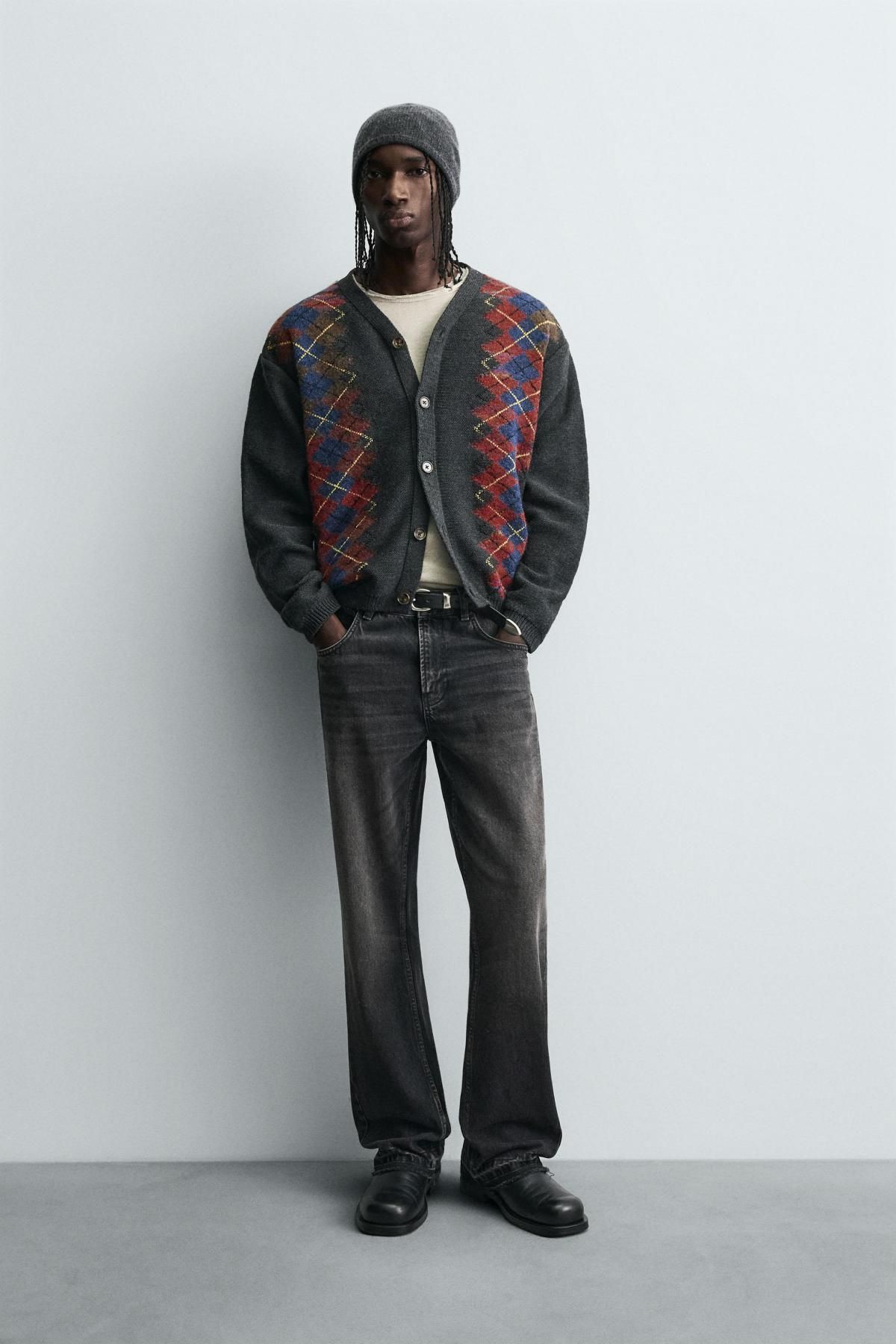 자라 아가일 패턴 브이넥 크롭 니트 가디건 0048/320 ANTHRACITE GREY - 상세 이미지 2