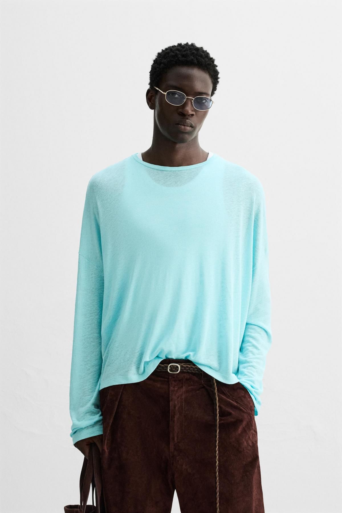 자라 라이트블루 릴렉스핏 비스코스 리넨 긴팔 티셔츠 5584/300 TURQUOISE - 상세 이미지 3