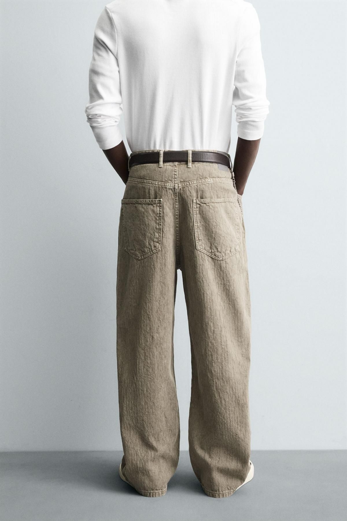 자라 워싱 코튼 텍스처 배기핏 와이드 팬츠 5862/315 LIGHT KHAKI - 상세 이미지 3