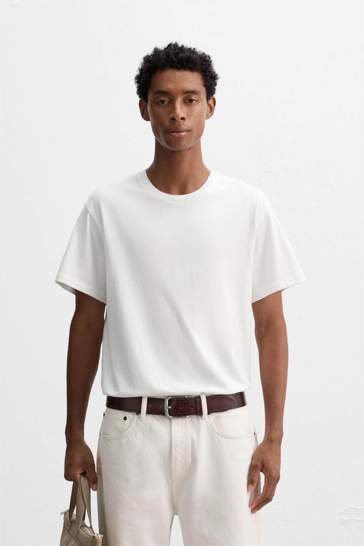 자라 워시드 슬림핏 라운드 반팔 티셔츠 1501/450 WHITE - 상세 이미지 3