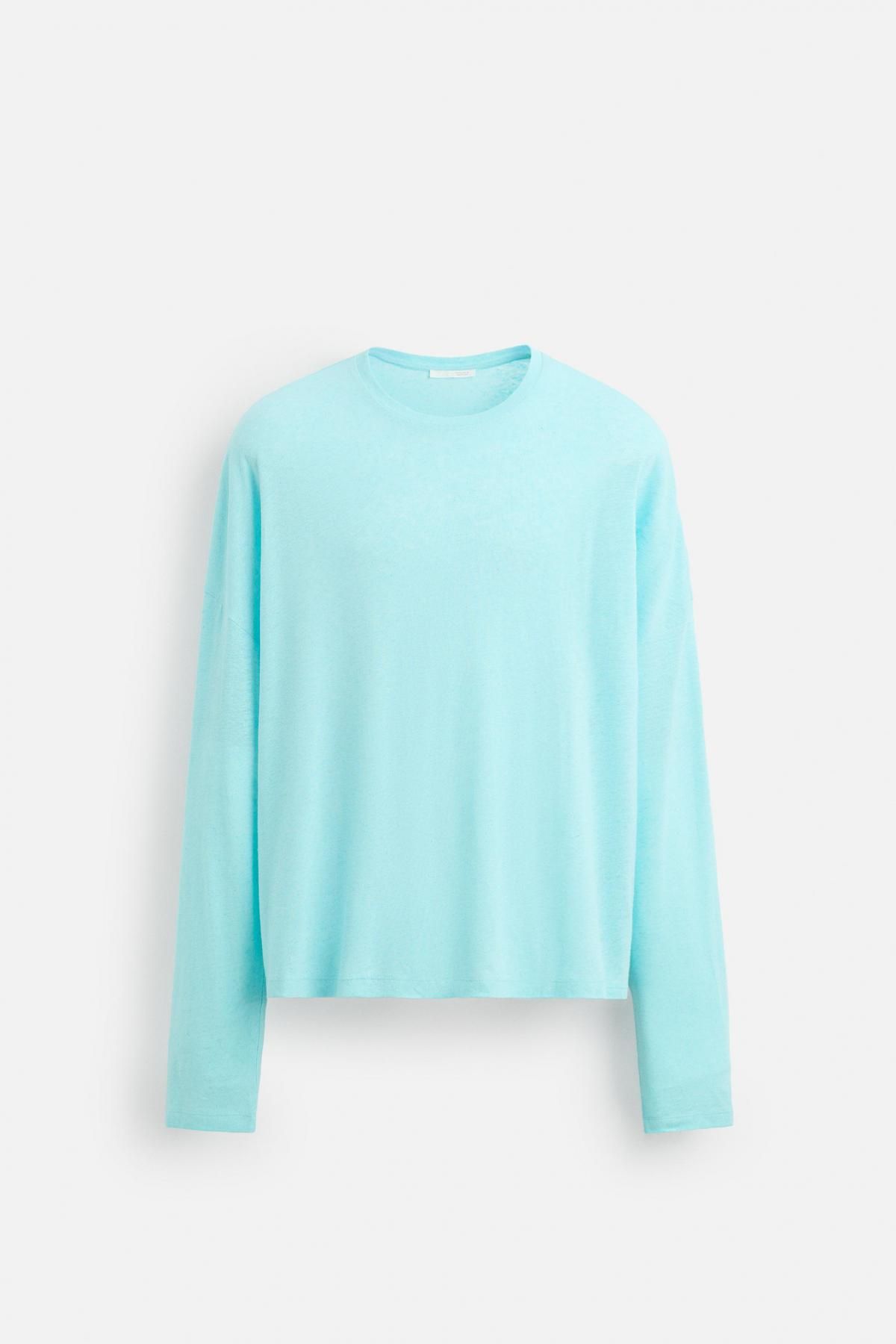 자라 라이트블루 릴렉스핏 비스코스 리넨 긴팔 티셔츠 5584/300 TURQUOISE - 메인 이미지