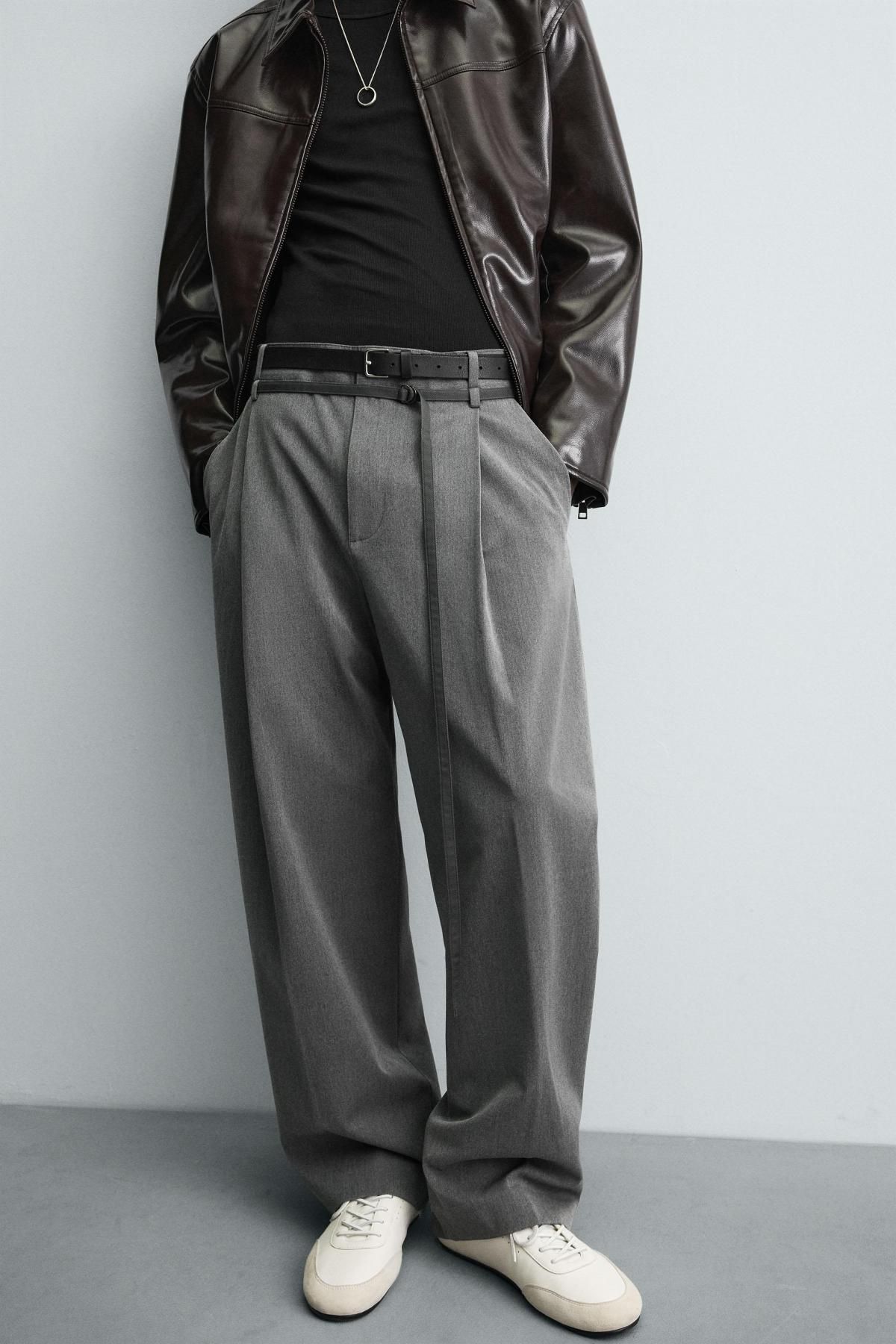 자라 와이드 벌룬핏 플리츠 벨트 슬랙스 팬츠 8491/405 GREY - 상품 이미지