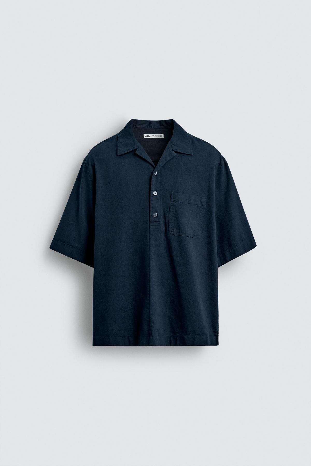 자라 네이비 릴랙스핏 코튼린넨 반팔 폴로셔츠 6048/404 NAVY BLUE - 메인 이미지