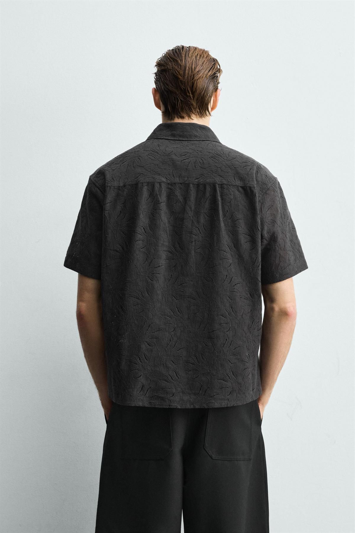 자라 플로럴 자가드 릴랙스핏 반팔 셔츠 7545/364 DARK GREY - 상세 이미지 4