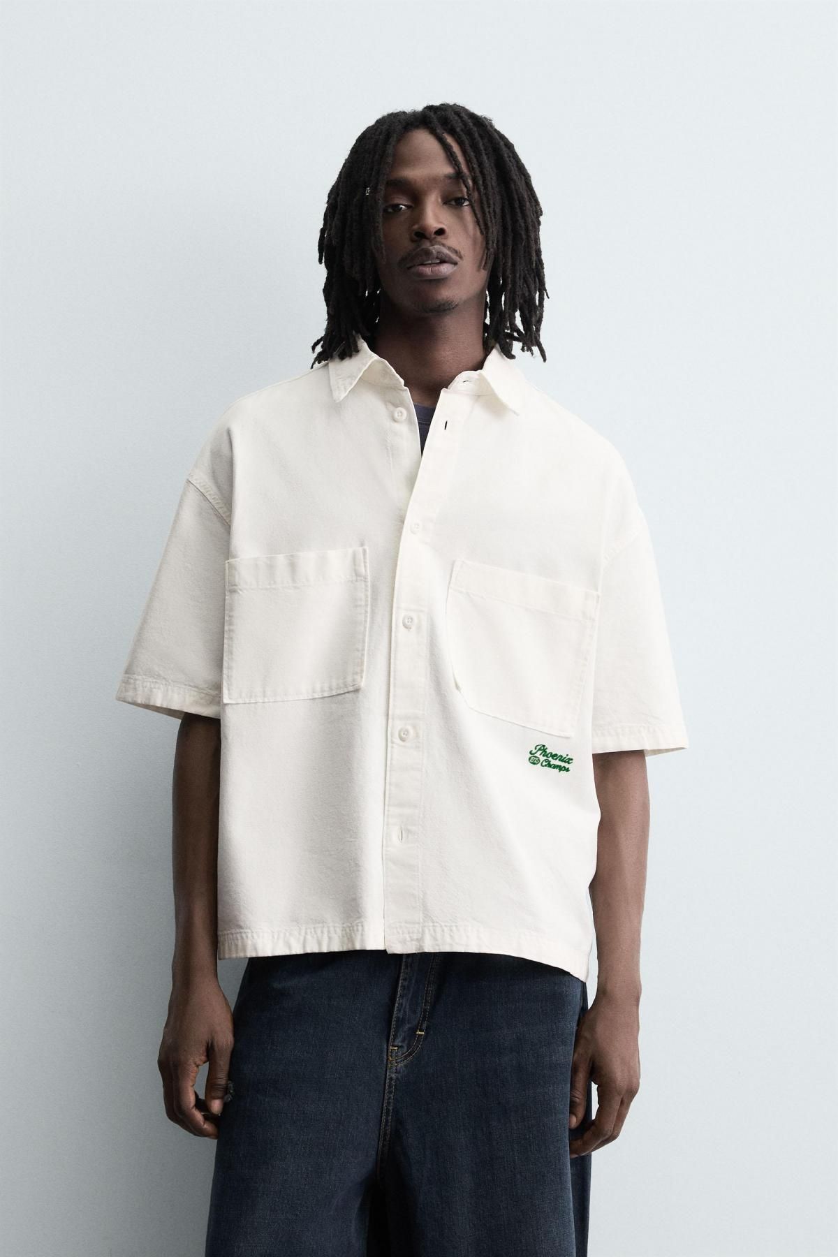 자라 테크니컬 코튼 캔버스 자수 반팔 셔츠 6987/308 OYSTER-WHITE - 상세 이미지 3