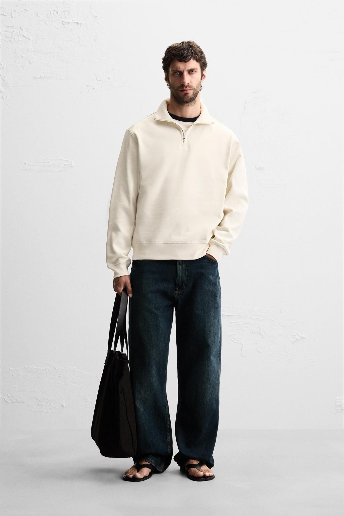 자라 오버핏 베이직 지퍼넥 스웨트셔츠 0761/311 OYSTER-WHITE - 상세 이미지 2