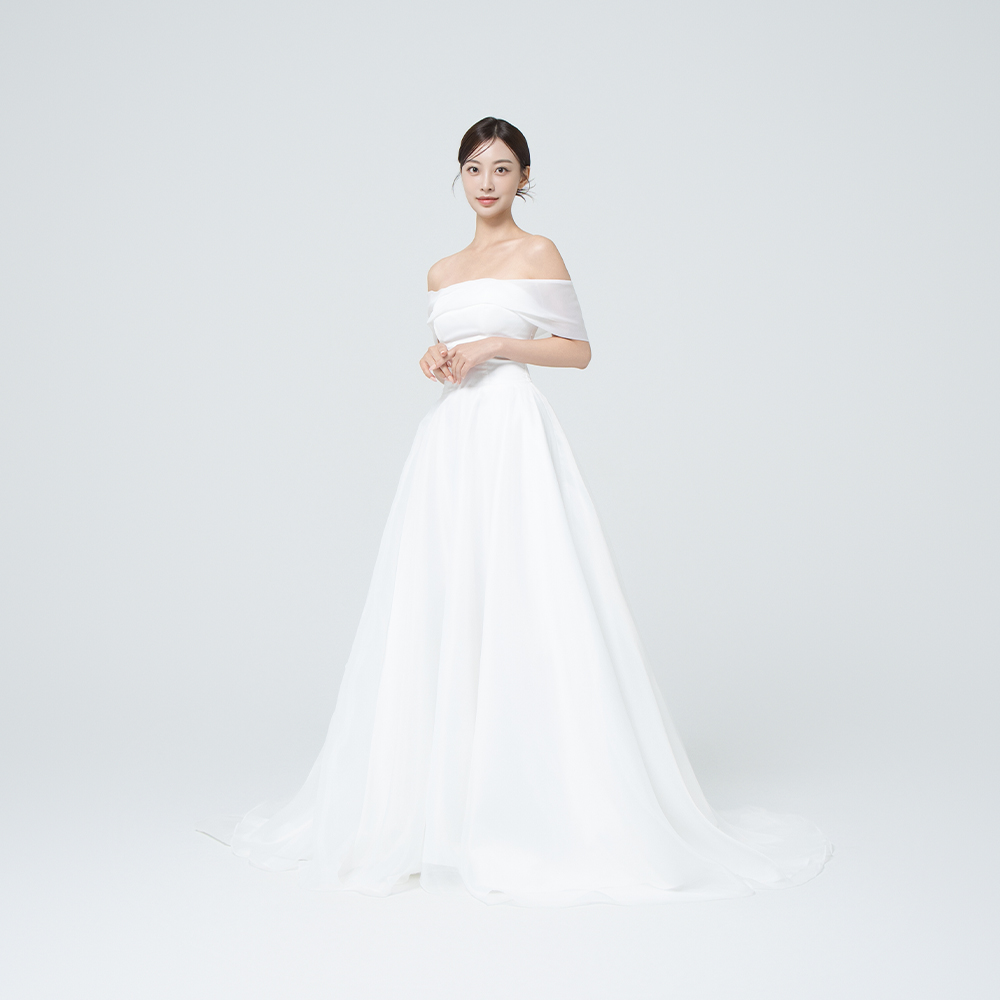 로니 화이트 트레인 롱A라인 오프숄더 유색드레스 대여 피로연 웨딩스냅원피스 예신의상 - 상세 이미지 3