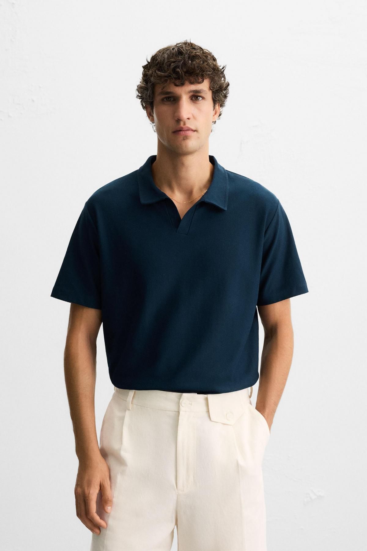 자라 텍스처 네이비 반팔 폴로셔츠 5372/301 NAVY BLUE - 상세 이미지 3