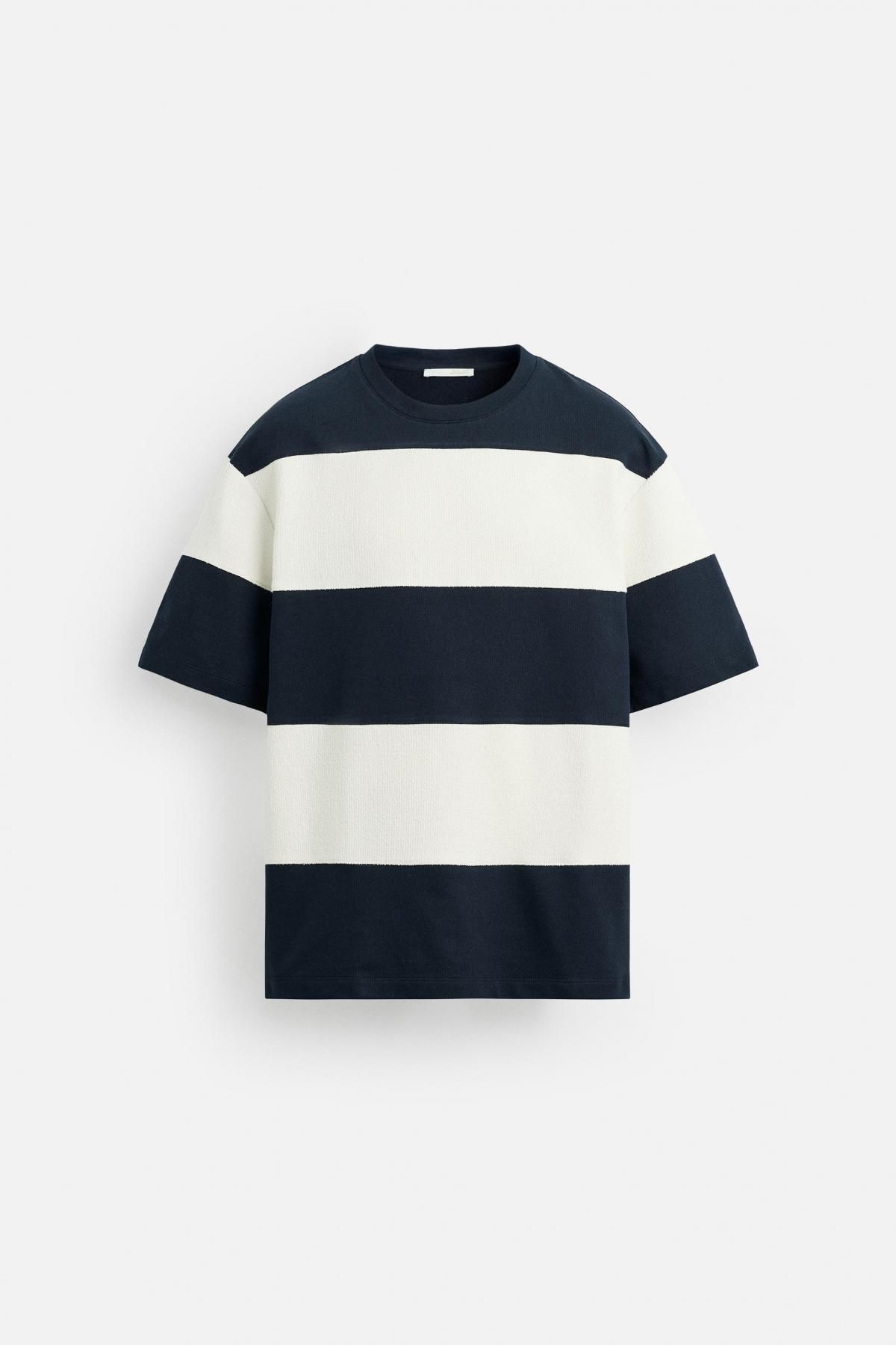 자라 오버핏 스트라이프 반팔 스웨트셔츠 0526/302 ECRU / NAVY - 메인 이미지