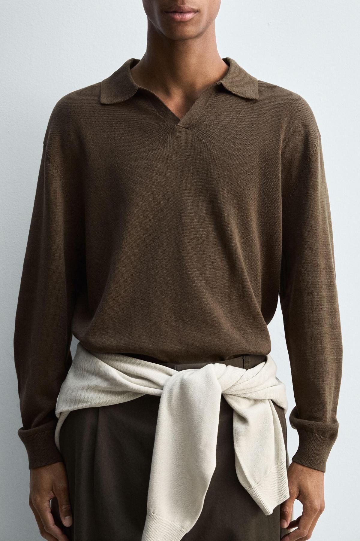 자라 브라운 코튼 헴프 레귤러핏 니트 긴팔 폴로셔츠 2893/305 BLACK / BROWN 이미지 6