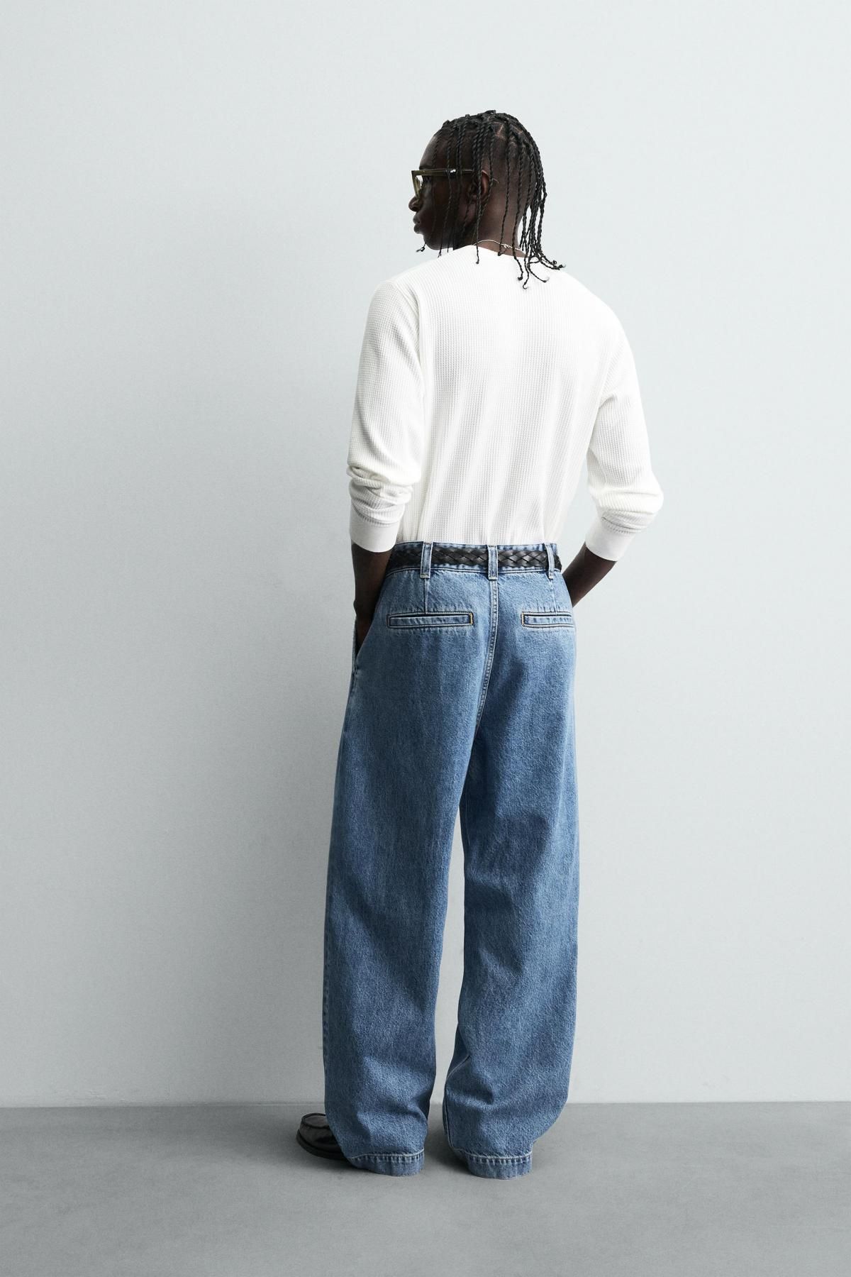 자라 트렌디 와이드핏 플리츠 데님 팬츠 0840/351 LIGHT BLUE - 상세 이미지 4