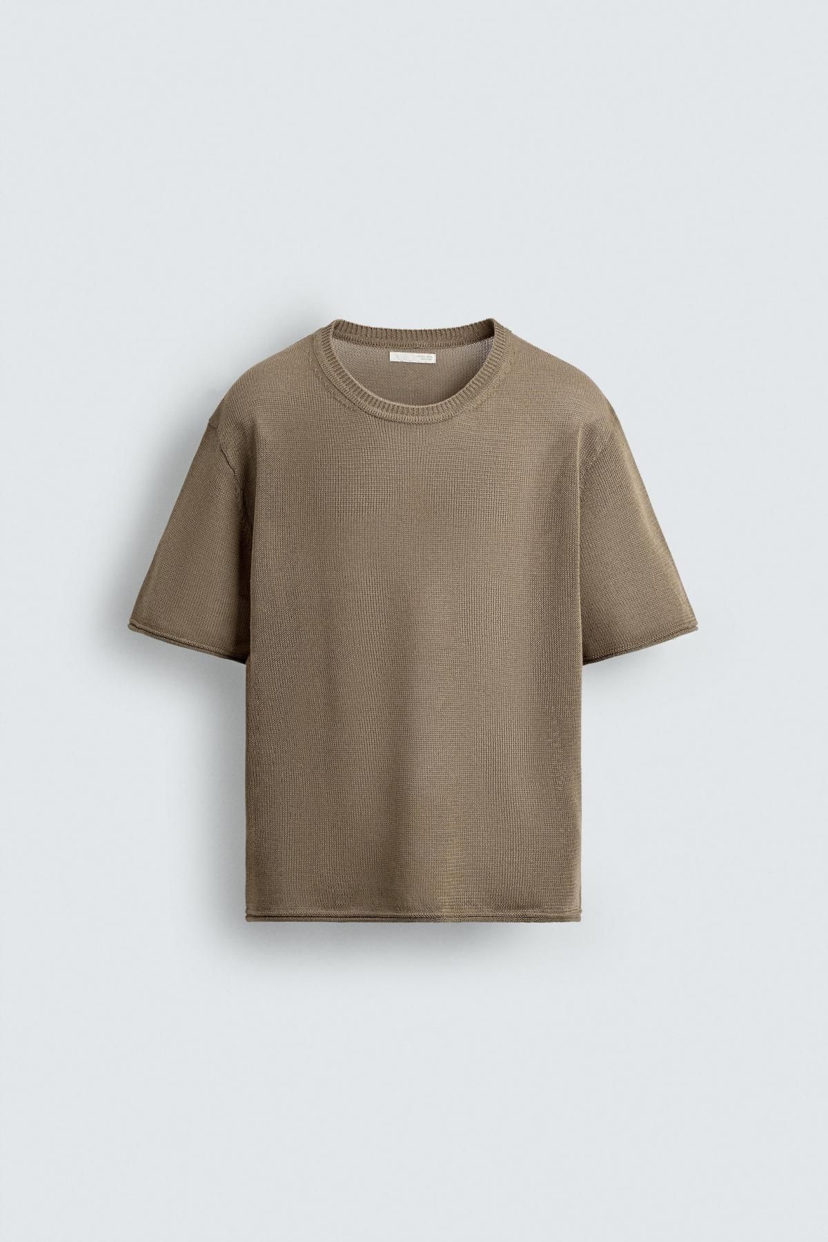 자라 미니멀 브라운 라운드 니트 반팔 티셔츠 9598/304 BROWN - 메인 이미지