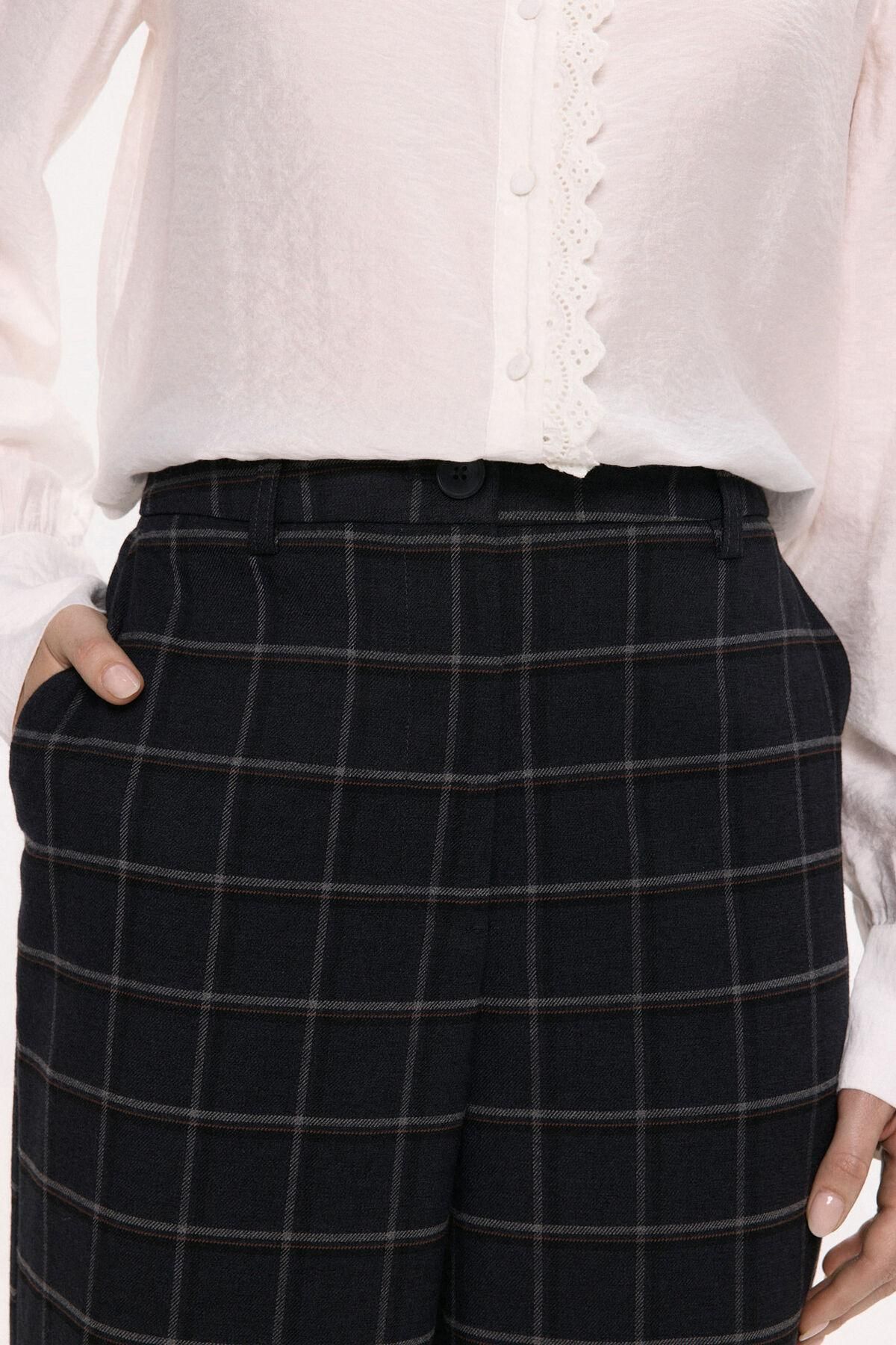 빌라 체크 와이드 하이웨이스트 슬랙스 팬츠 3722169 NEGRO - 상세 이미지 3