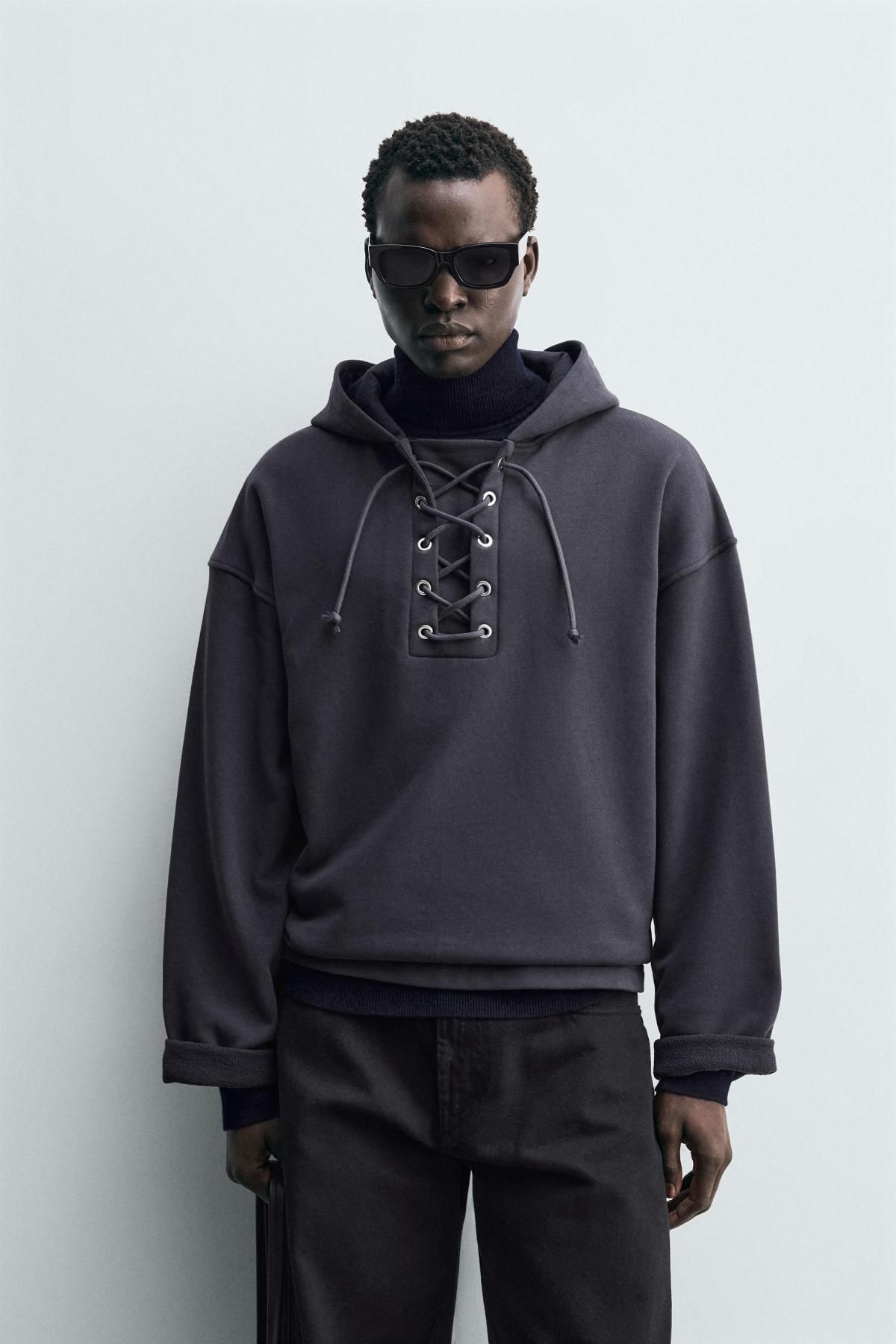 자라 크롭 텍스처 후드 스웨트셔츠 4087/363 DARK GREY - 상세 이미지 3