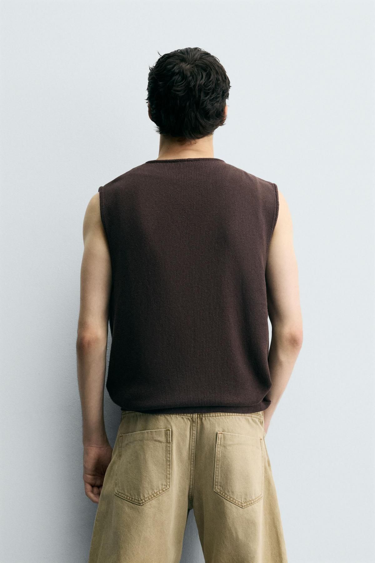자라 브이넥 코튼 니트 베스트 2893/307 BROWN - 상세 이미지 4